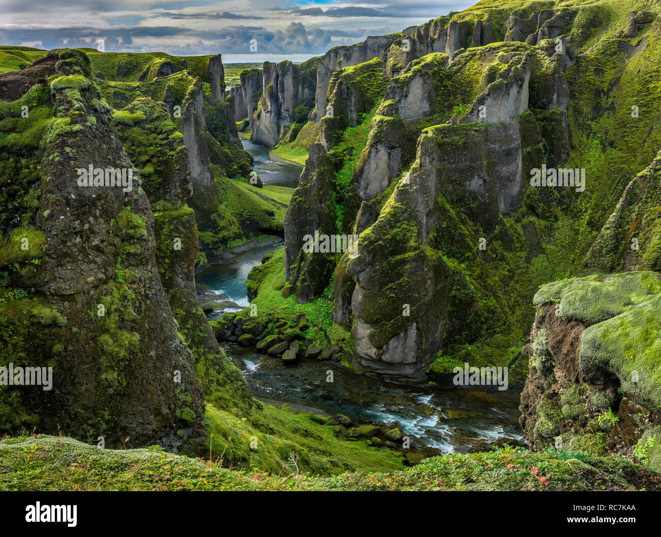 Canyon dans le sud de l'Islande Fjaðrárgljúfur. Le canyon a été sculpté dans la lave et palagonite par érosion progressive par le Fjaðrá, rivière alimentée par m Banque D'Images