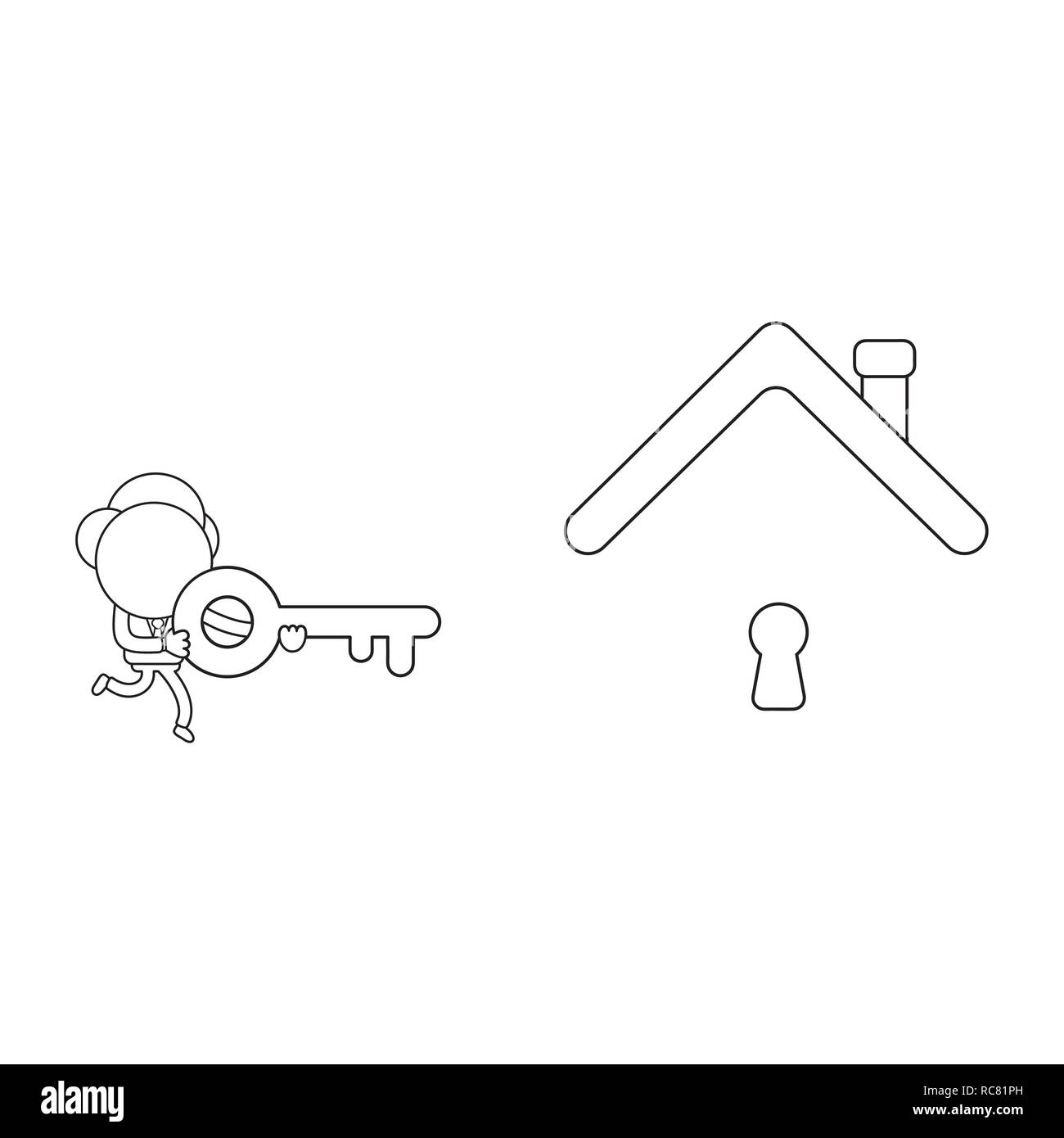Vector illustration concept de caractère homme d'exécution Clé pour serrure sous toit de maison. Illustration de Vecteur