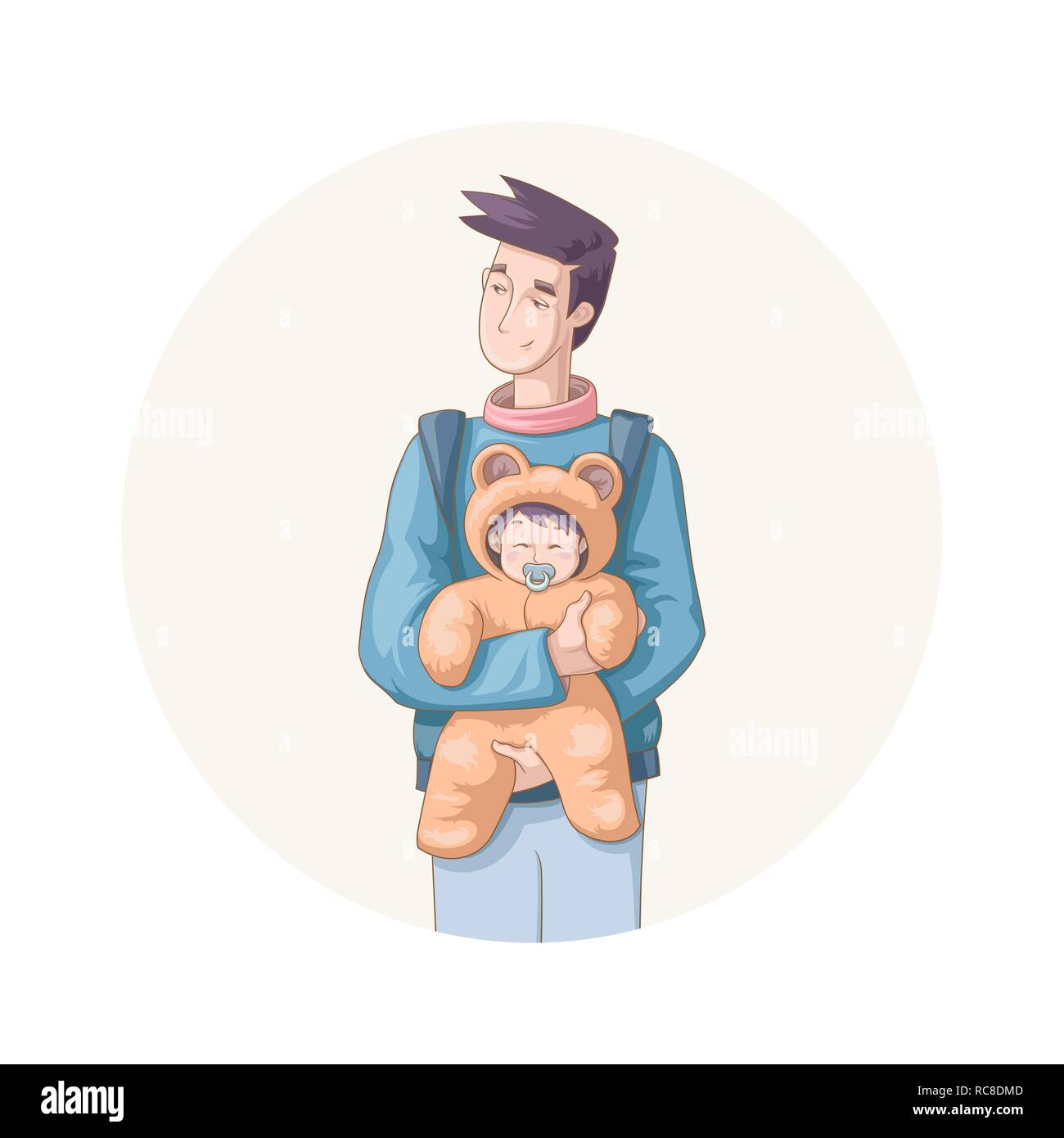 Heureux le jour de père. Vector illustration de cartoon style jeune père de la marche à l'extérieur avec son nouveau-né pour votre conception Illustration de Vecteur