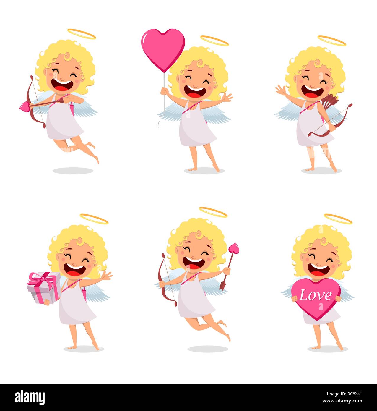 Happy Valentines Day. Cupidon girl, cute cartoon character, set de 6 poses. Vector illustration sur fond blanc Illustration de Vecteur