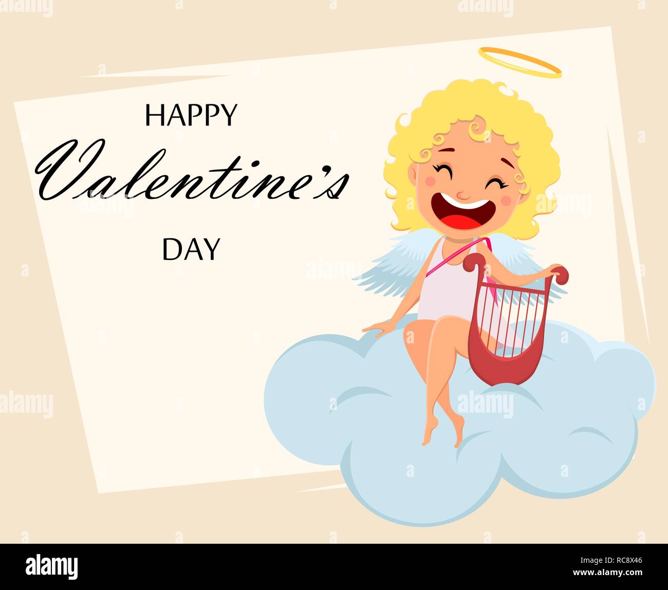 Cupidon est titulaire d'harpe et siège au nuage. Cute girl cartoon character. Happy Valentines Day carte de vœux. Vector illustration Illustration de Vecteur