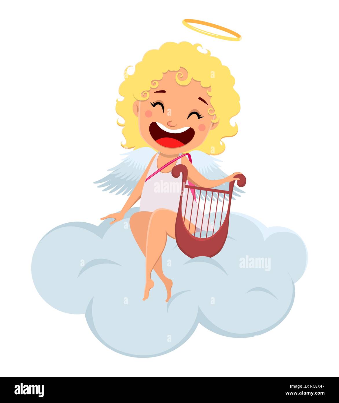 Cupidon est titulaire d'harpe et siège au nuage. Cute girl cartoon character. Happy Valentines Day carte de vœux. Vector illustration sur fond blanc Illustration de Vecteur