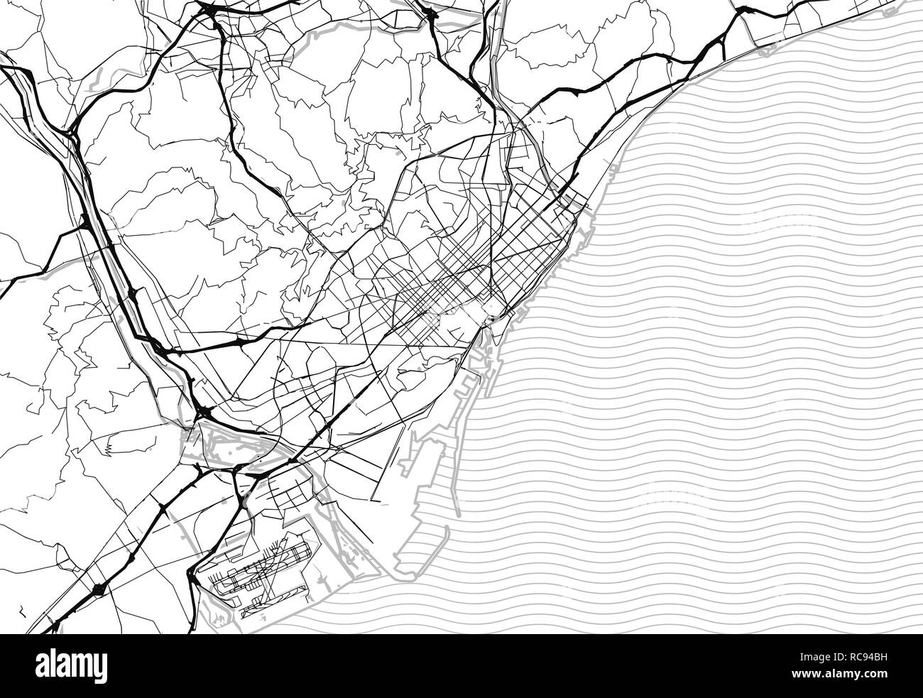 Carte De La Region De Barcelone Espagne Cette Artmap De Barcelone Contient Des Lignes De La Geographie De L Eau Masse Terrestre Les Routes Principales Et Secondaires Image Vectorielle Stock Alamy