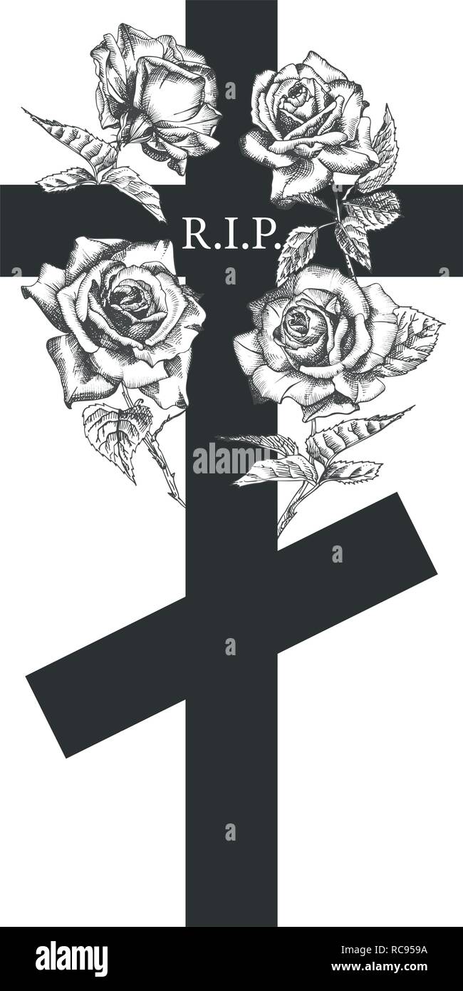 Ornement funéraire concept avec roses dessinés à la main et en couleur noir isolé sur blanc Vintage style gravé modèle moderne pour la conception d'arrière-plan Illustration de Vecteur
