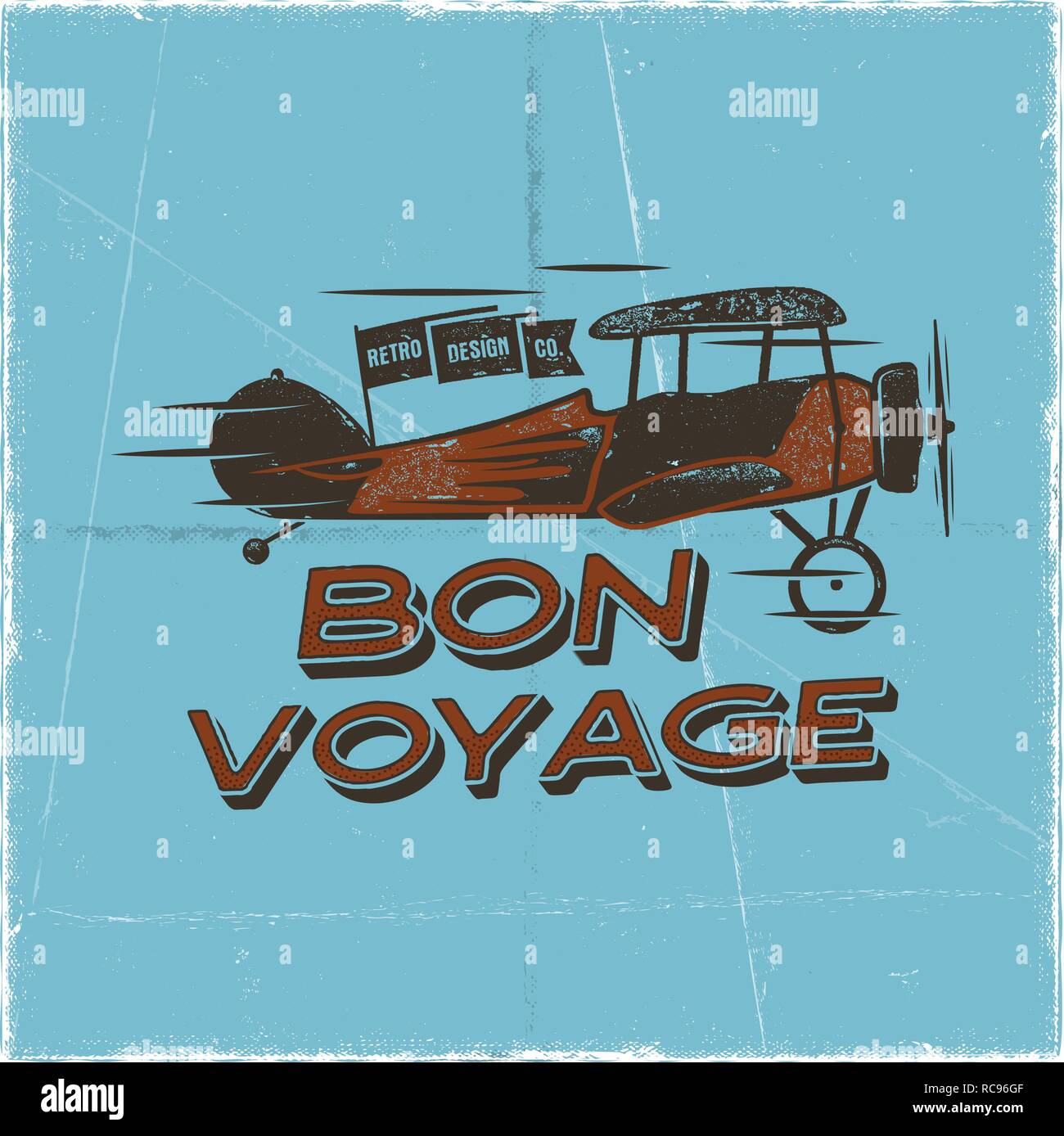 Vintage Poster De L Avion Bon Voyage Citer Graphique Vectoriel Biplan Embleme De L Etiquette Badge Avion Retro Design Timbre De L Aviation L Avion L Helice L Icone Ancienne Carte Illustration Vectorielle Stock Image Vectorielle Stock