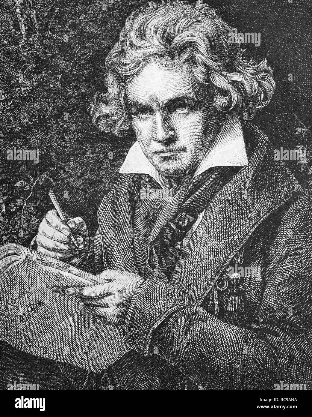 Ludwig van Beethoven, 1770-1827, compositeur allemand de la première école viennoise historique, woodcut, ca. 1880 Banque D'Images