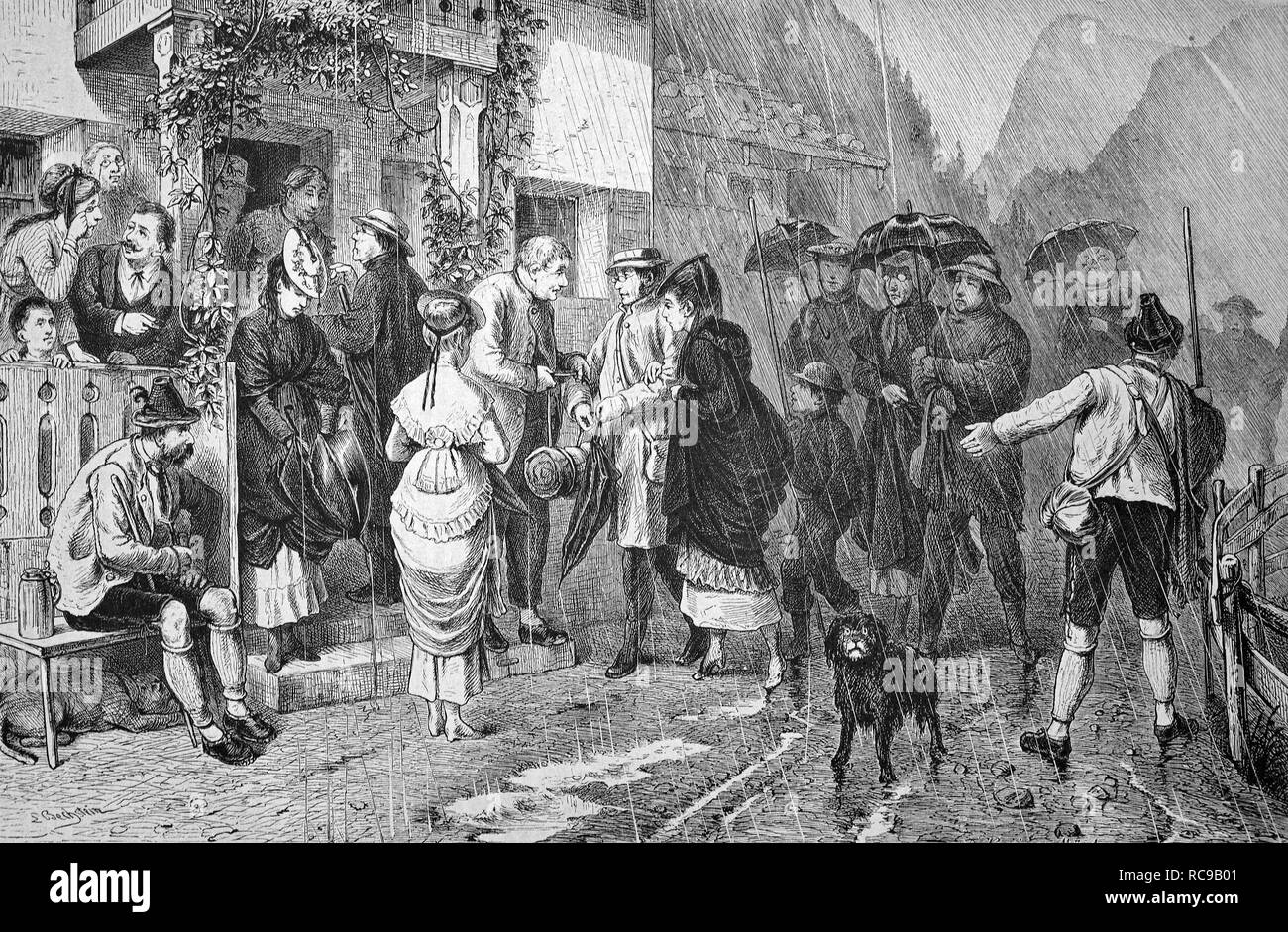 Un jour de pluie dans les Alpes bavaroises, Bavière, Allemagne, historique de la gravure sur bois, ca. 1880 Banque D'Images