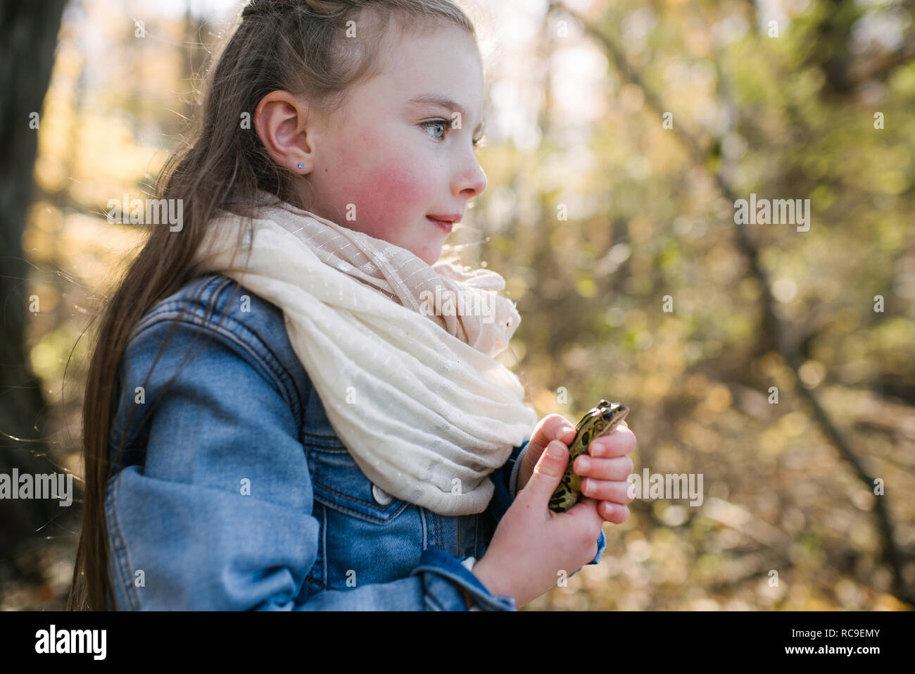 Little girl holding frog in forest Banque D'Images