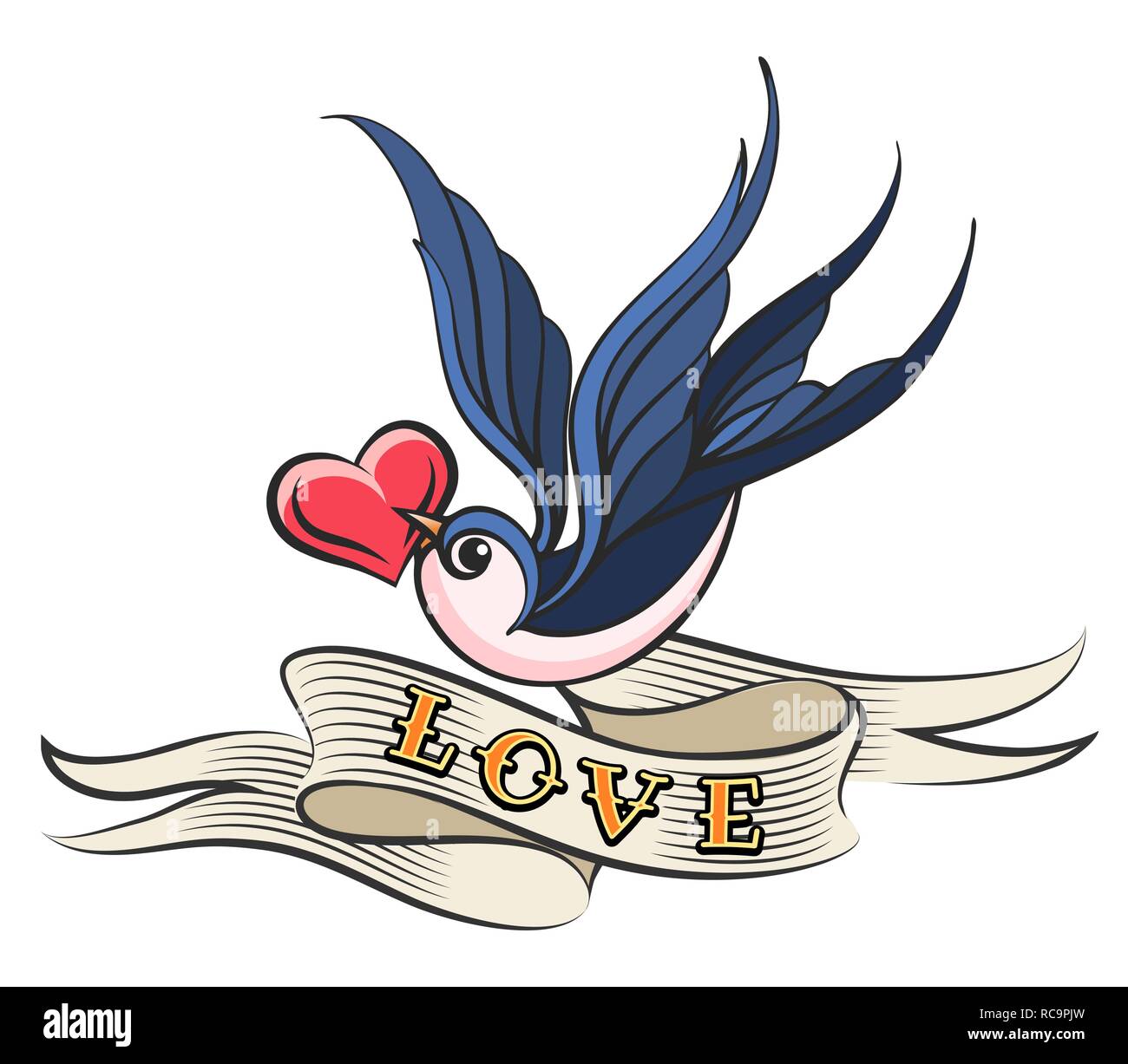 Coeur dans un bec de la formulation orale avec amour sur ruban. Style old school tattoo. Vector Illustration. Illustration de Vecteur