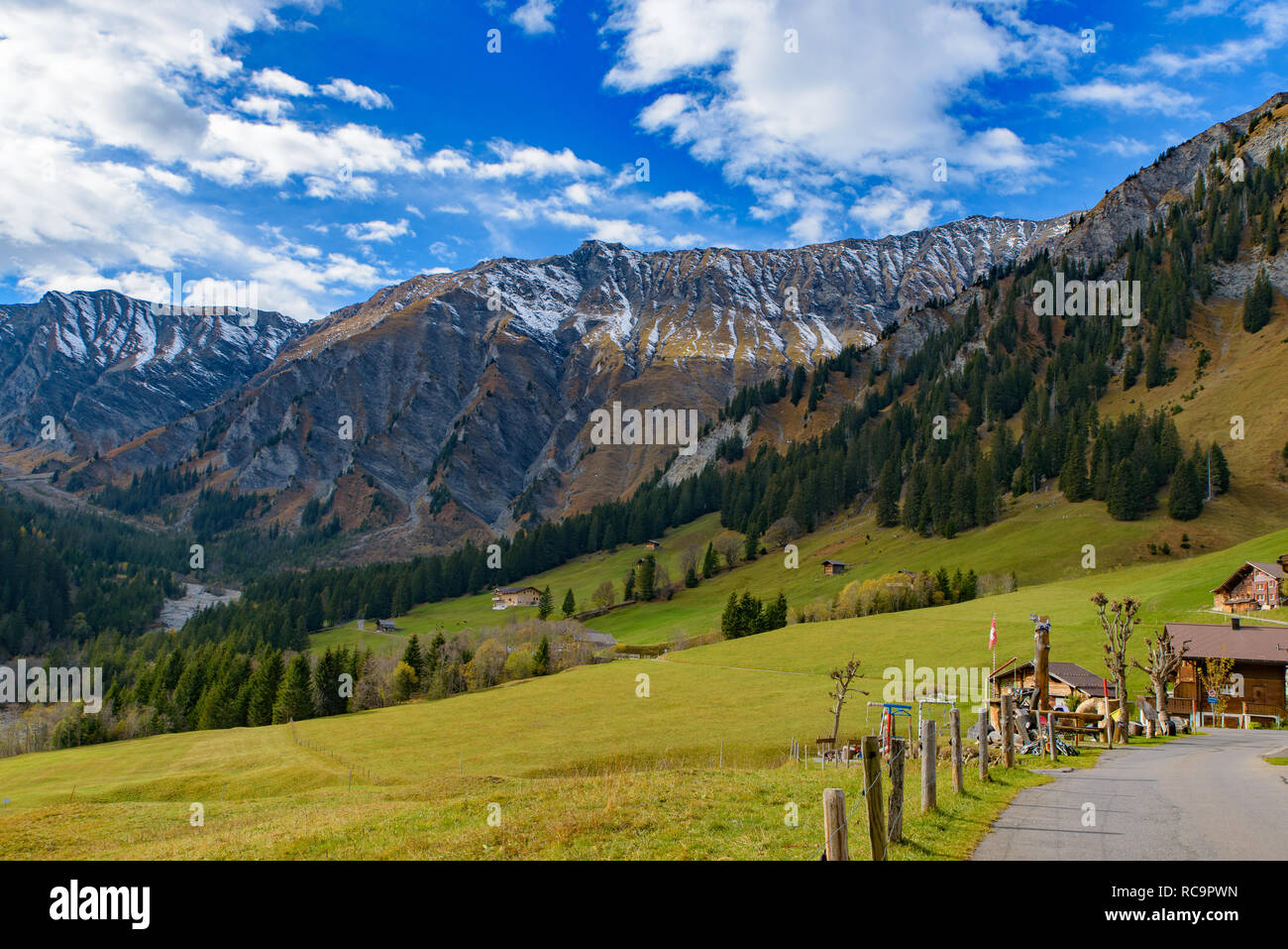 Maisons de style suisse traditionnel sur les vertes collines avec des forêts dans les Alpes Suisse, Europe Banque D'Images