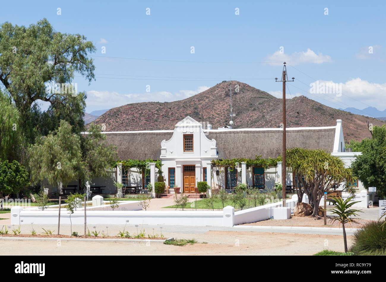 Cape Dutch historique homestead sur Bon courage Wine Estate, Route 62, Robertson, Western Cape, Afrique du Sud, un populaire winery dans la rivière Breede Valle Banque D'Images