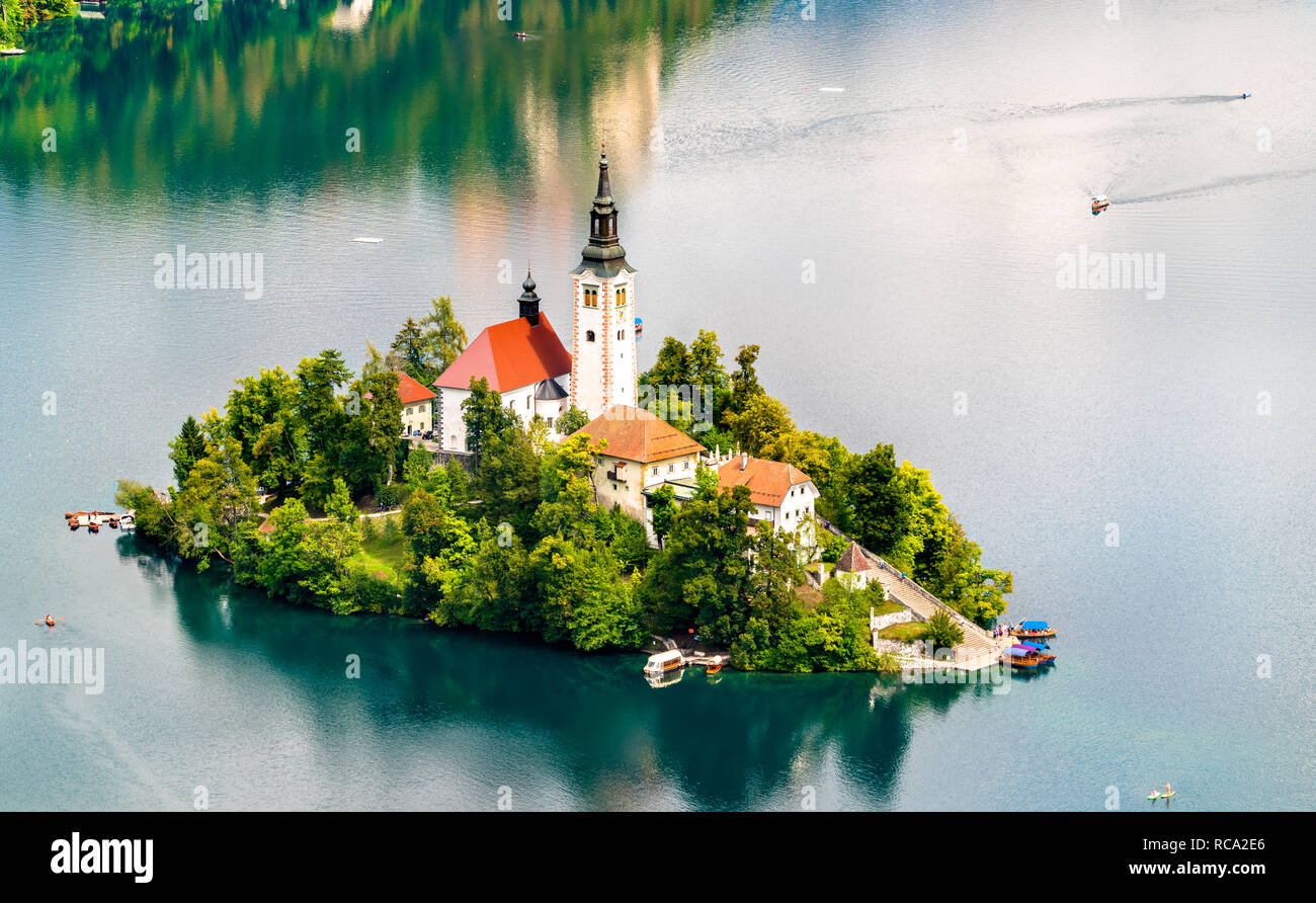 Vue aérienne de l'île de Bled en Slovénie Banque D'Images