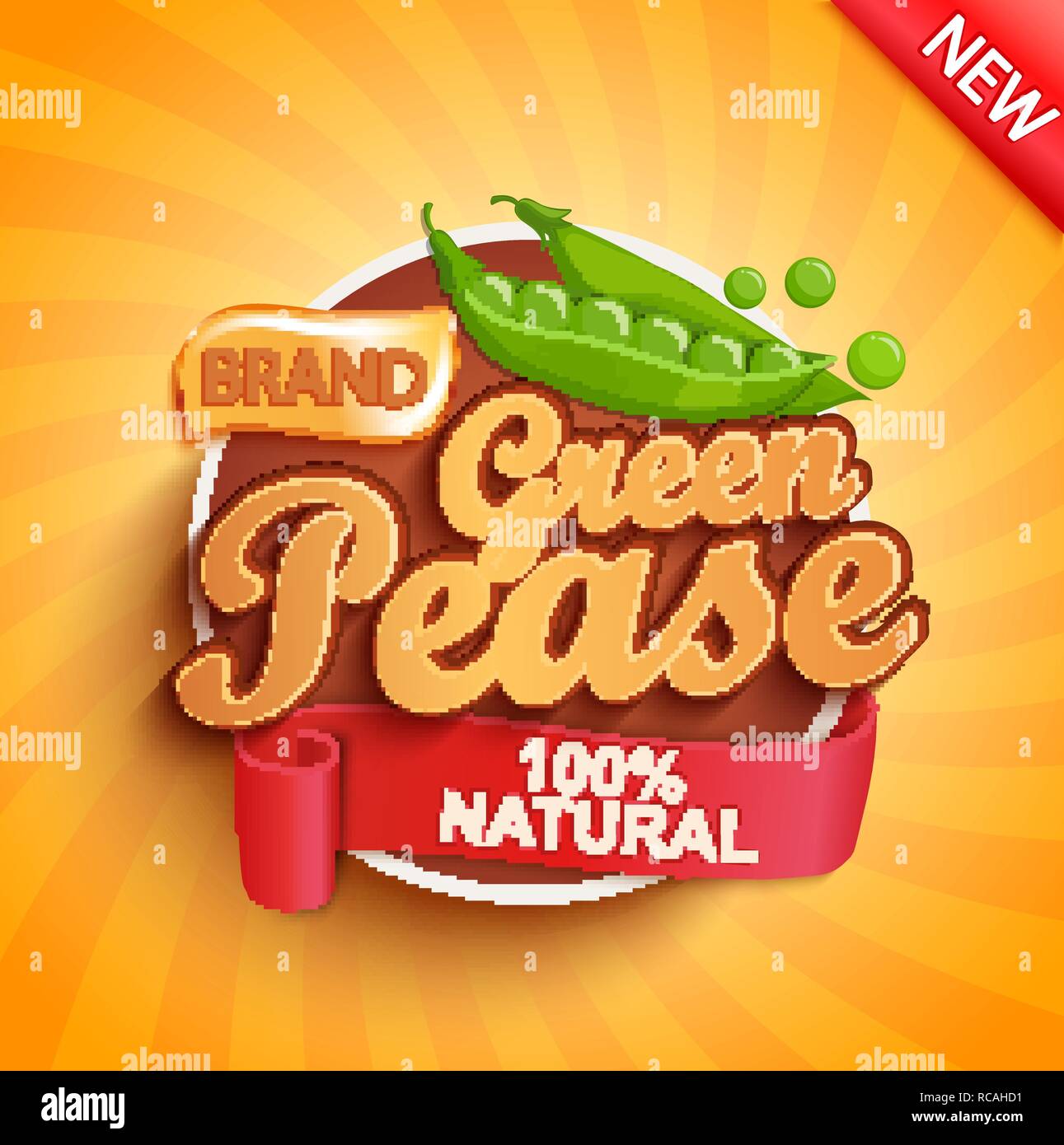 Fresh green pease logo, étiquette ou étiquette sur fond sunburst. Aliments naturels et biologiques.légumes savoureux,Concept pour farmers market, boutiques, d'emballage et les emballages, design publicitaire.Vector illustration. Illustration de Vecteur