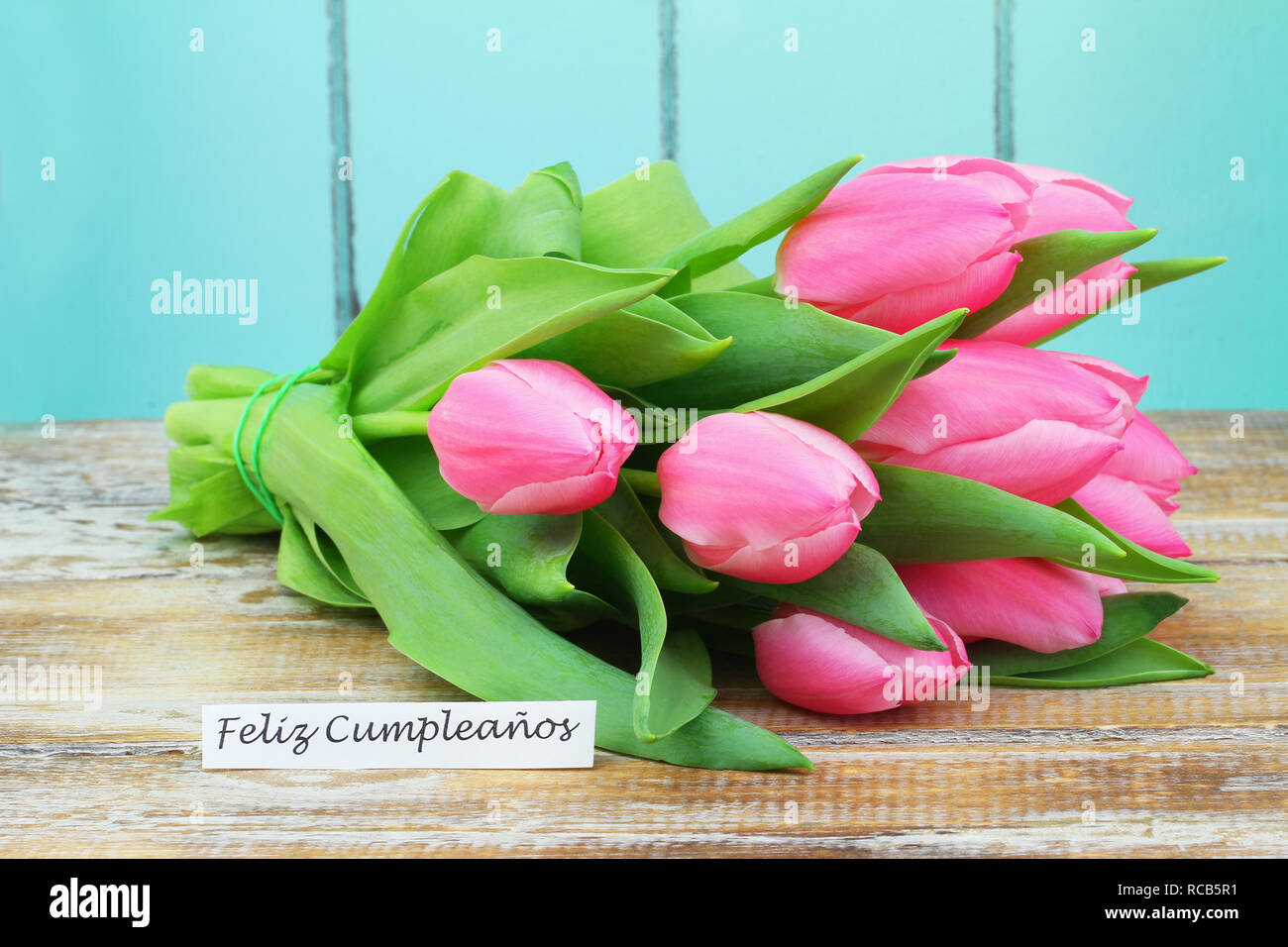Feliz Cumpleanos Joyeux Anniversaire En Espagnol Avec Bouquet De Tulipes Roses Sur La Surface En Bois Photo Stock Alamy Feliz Cumpleanos Joyeux Anniversaire En Espagnol Avec Bouquet De Tulipes Roses Sur La Surface En Bois Photo Stock Alamy