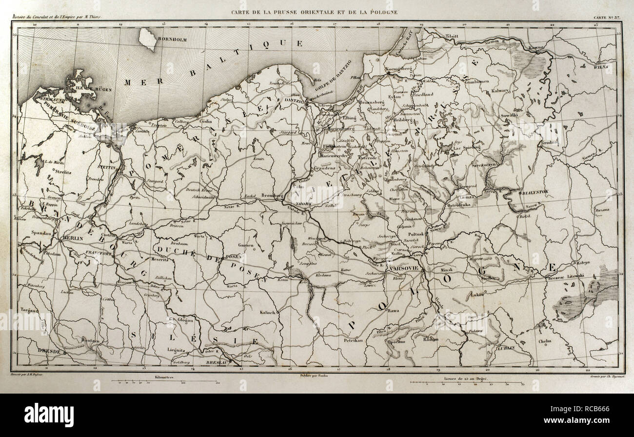 Carte de Napoléon. L'Est de la Prusse et de la Pologne. Atlas de l'Histoire du Consulat et de l'Empire. Histoire du Consulat et l'Empire de la France sous Napoléon par Marie Joseph Louis Adolphe Thiers (1797-1877). Dessins par Dufour, gravures par Dyonnet. Édité à Paris, 1864. Banque D'Images