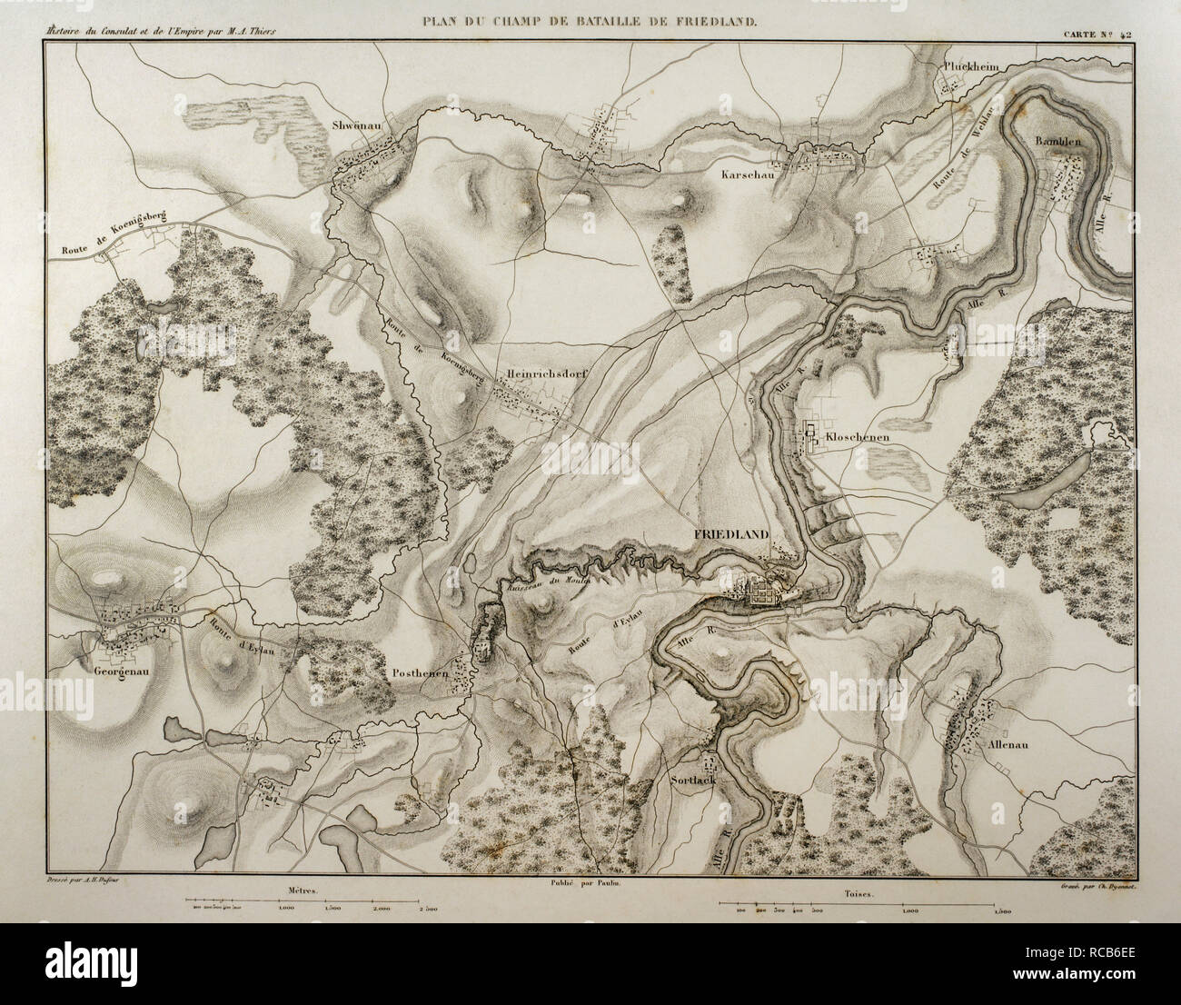 Carte de Napoléon. Bataille en Friendland (ancienne Prusse, aujourd'hui, la Russie). 14 Juin, 1807. L'Allemagne du Nord. Atlas de l'Histoire du Consulat et de l'Empire. Histoire du Consulat et l'Empire de la France sous Napoléon par Marie Joseph Louis Adolphe Thiers (1797-1877). Dessins par Dufour, gravures par Dyonnet. Édité à Paris, 1864. Banque D'Images
