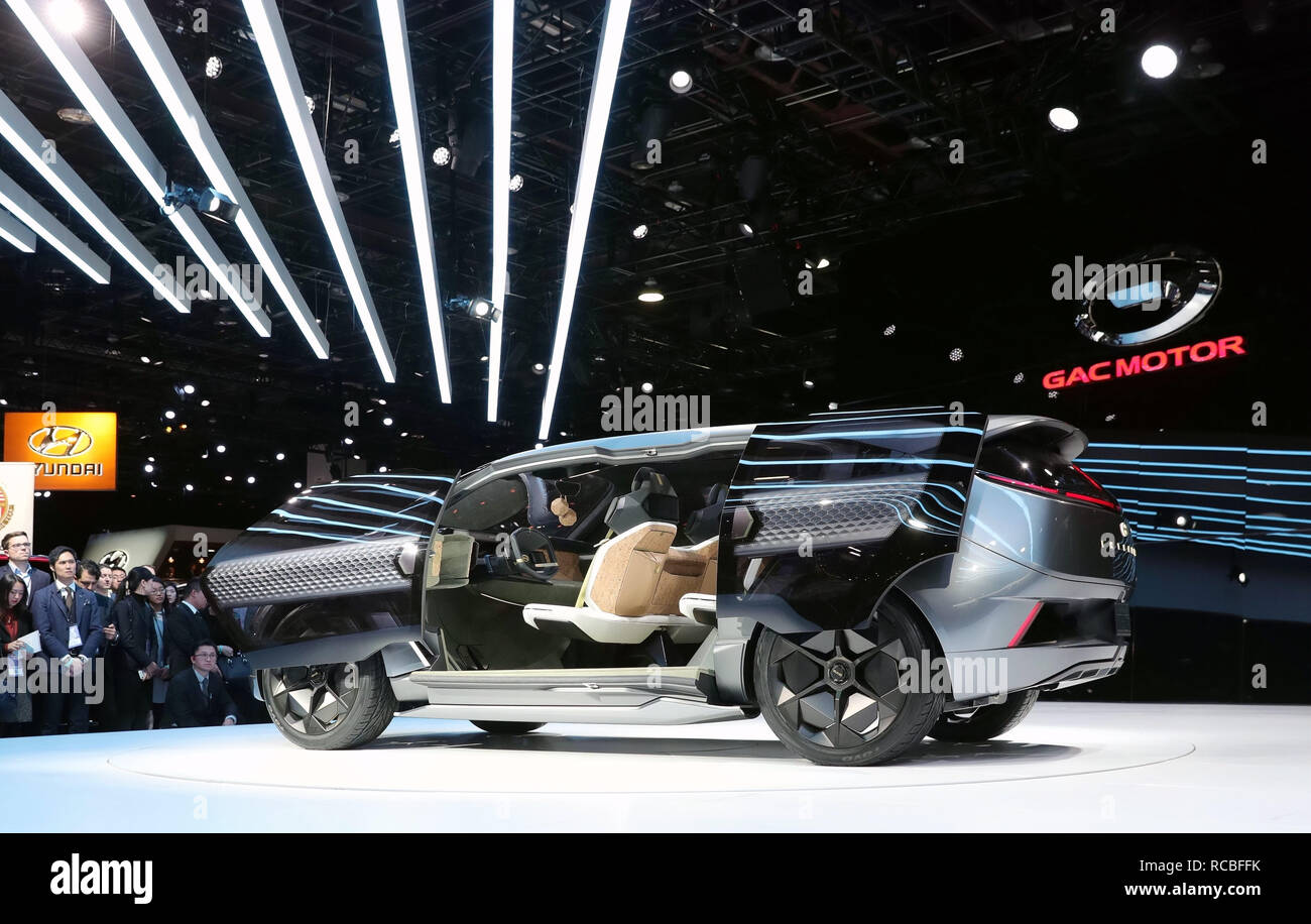 Detroit, USA. 14 Jan, 2019. Groupe Automobile de Guangzhou Motor Co., Ltd (GAC) Moteur de véhicule concept fait ses débuts au cours de l'Entranze 2019 North American International Auto Show (NAIAS) à Detroit, aux États-Unis, 14 janvier 2019. Credit : Wang Ping/Xinhua/Alamy Live News Banque D'Images