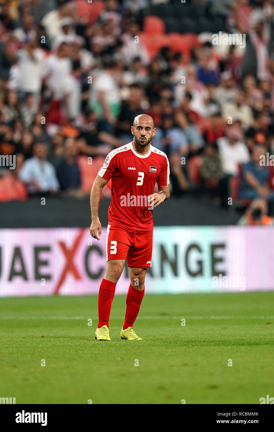 15 janvier 2019 : Mohammed de la Palestine Palestine préoccupée pendant v Jordanie au Mohammed Bin Zayed Stadium à Abu Dhabi, Émirats arabes unis, AFC Asian Cup, championnat de football d'Asie. Ulrik Pedersen/CSM. Banque D'Images