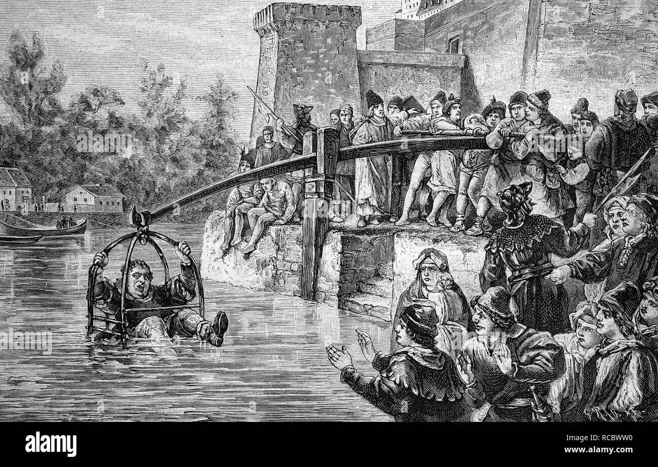 La punition de l'immersion dans le Moyen-Âge, utilisé pour les boulangers, gravure historique, 1888 Banque D'Images