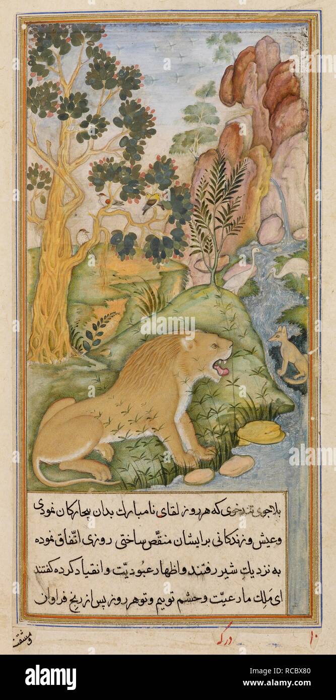 Lion de la plaine près de Bagdad. L'Anvar-i Suhayli. L'Inde, 1610-1611. Les plaines près de Bagdad où les animaux ont été dominées par un lion. Une peinture miniature d'un manuscrit du 17ème siècle de l'Anvar-i Suhayli, une version de l'Kalila va Dimna fables. Image prise à partir de l'Anvar-i Suhayli. Publié à l'origine/produit en Inde, 1610-1611. . Source : ajouter. 18579, f.77v. Langue : Persan. Auteur : Durga. Husayn Va'iz Kashifi. Banque D'Images