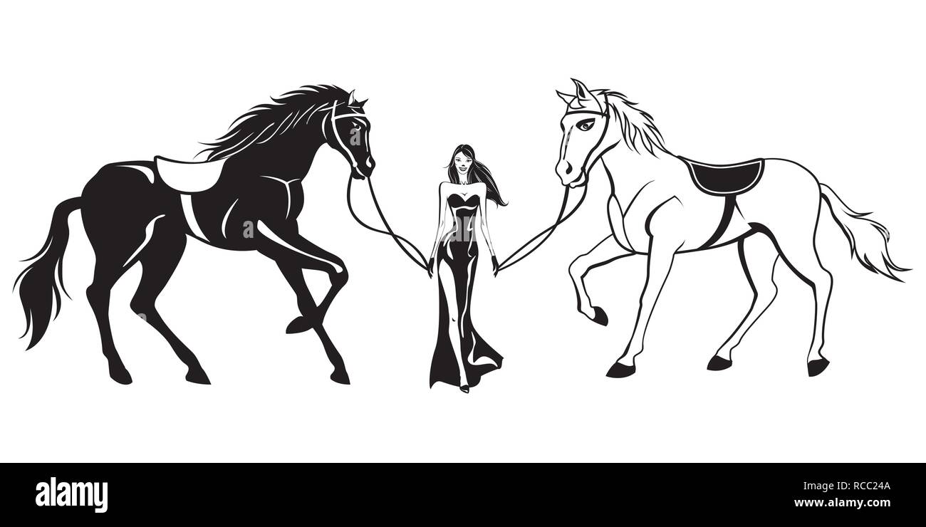 Femme en robe de soirée mène deux chevaux de course - vector illustration Illustration de Vecteur