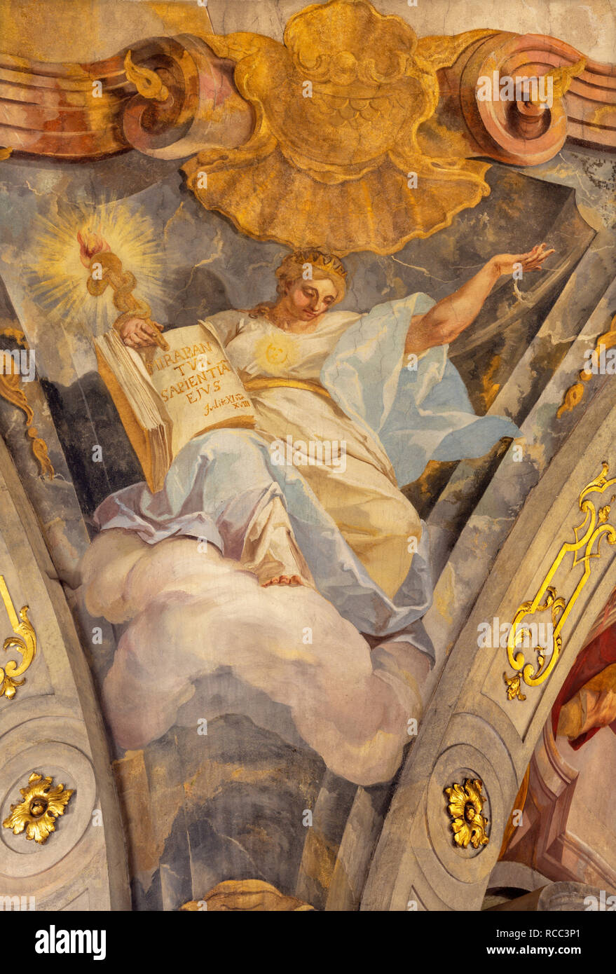 PRAGUE, RÉPUBLIQUE TCHÈQUE - le 18 octobre 2018 : la fresque de vertus cardinales de l'amour à l'église Svaté Kateřiny Kostel Alexandrijské Banque D'Images