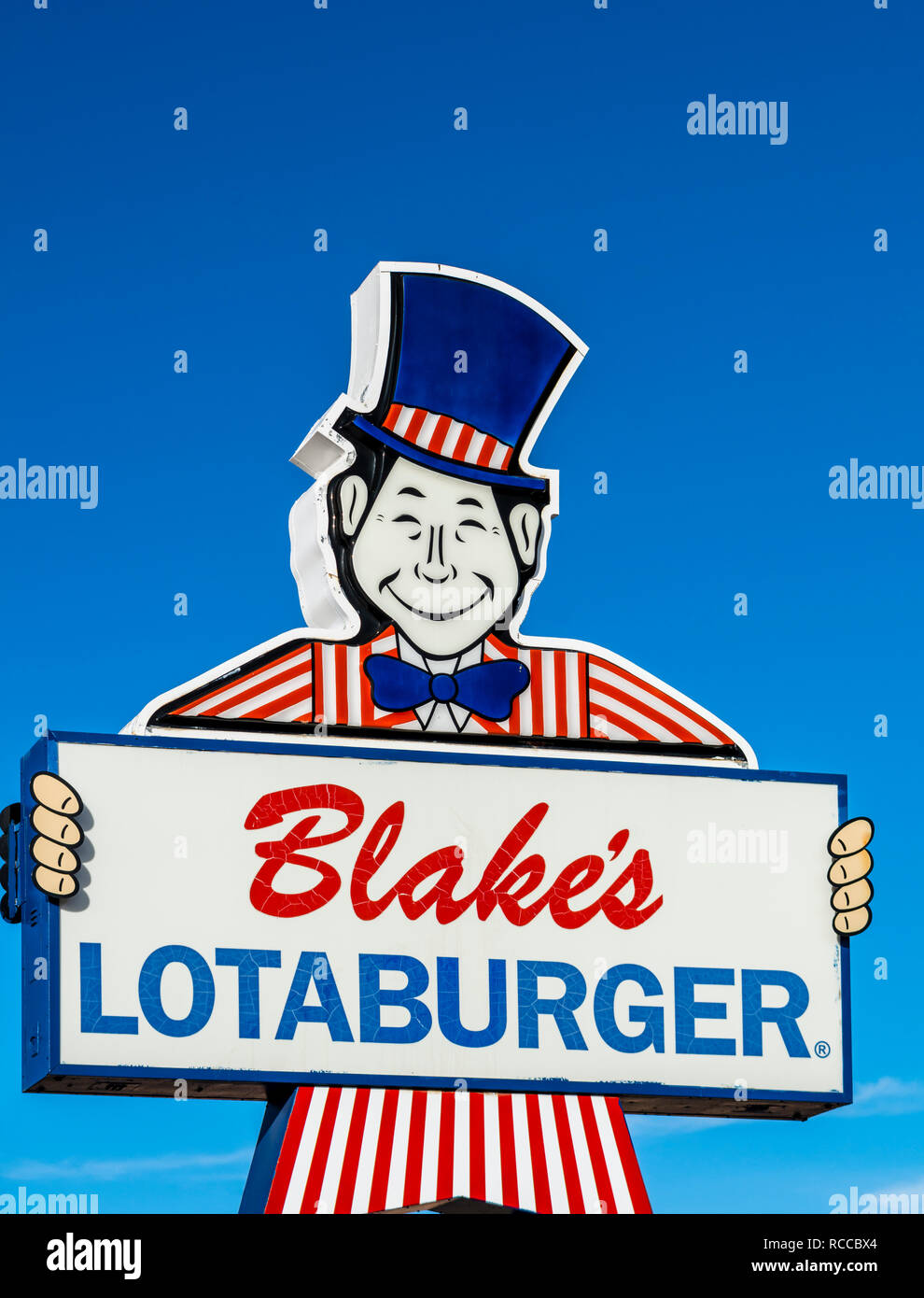 Retro, vintage signe pour Blake a Lotaburger, New Mexico, USA restaurant fast food chain célèbres pour leurs green chili cheeseburger. Banque D'Images