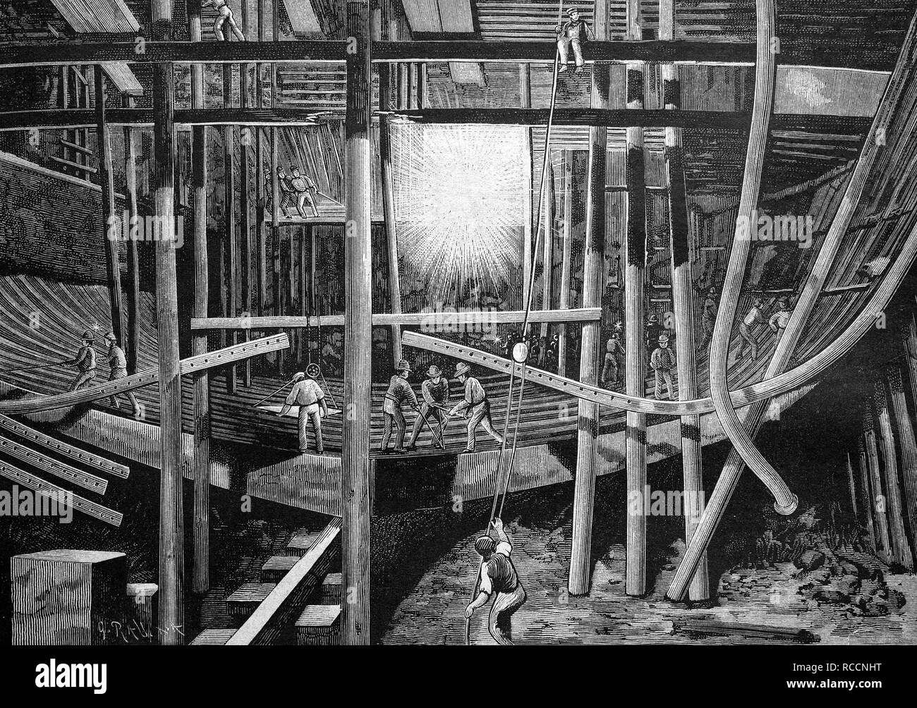 L'utilisation de la lumière électrique dans la construction navale, l'illustration historique, gravure sur bois, vers 1888 Banque D'Images