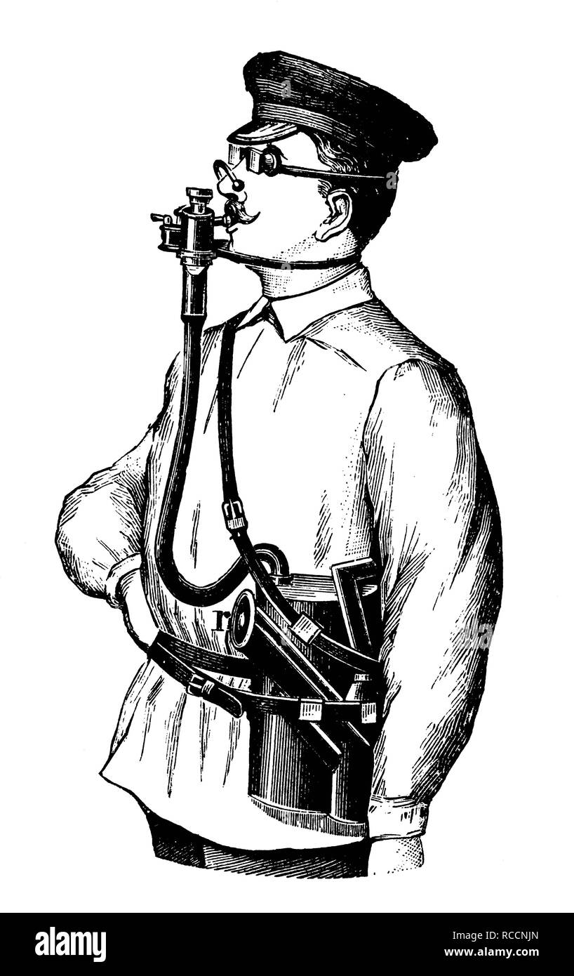 En 1880, sécurité au travail, de protection respiratoire pour les laboratoires chimiques, appareils respiratoires, illustration historique, gravure sur bois Banque D'Images