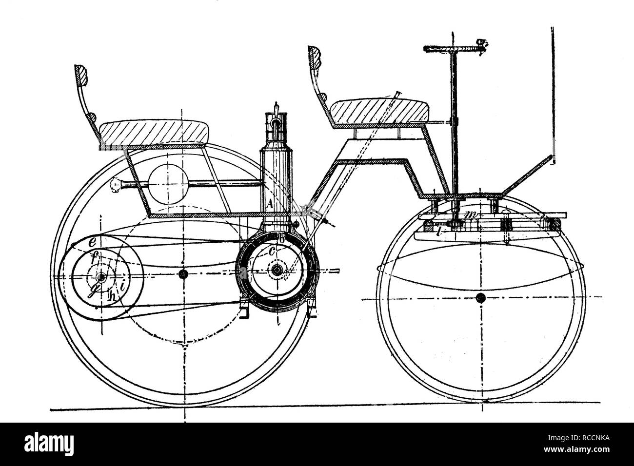 Plan de construction d'une voiture avec un moteur Daimler, illustration historique, gravure sur bois, vers 1888 Banque D'Images