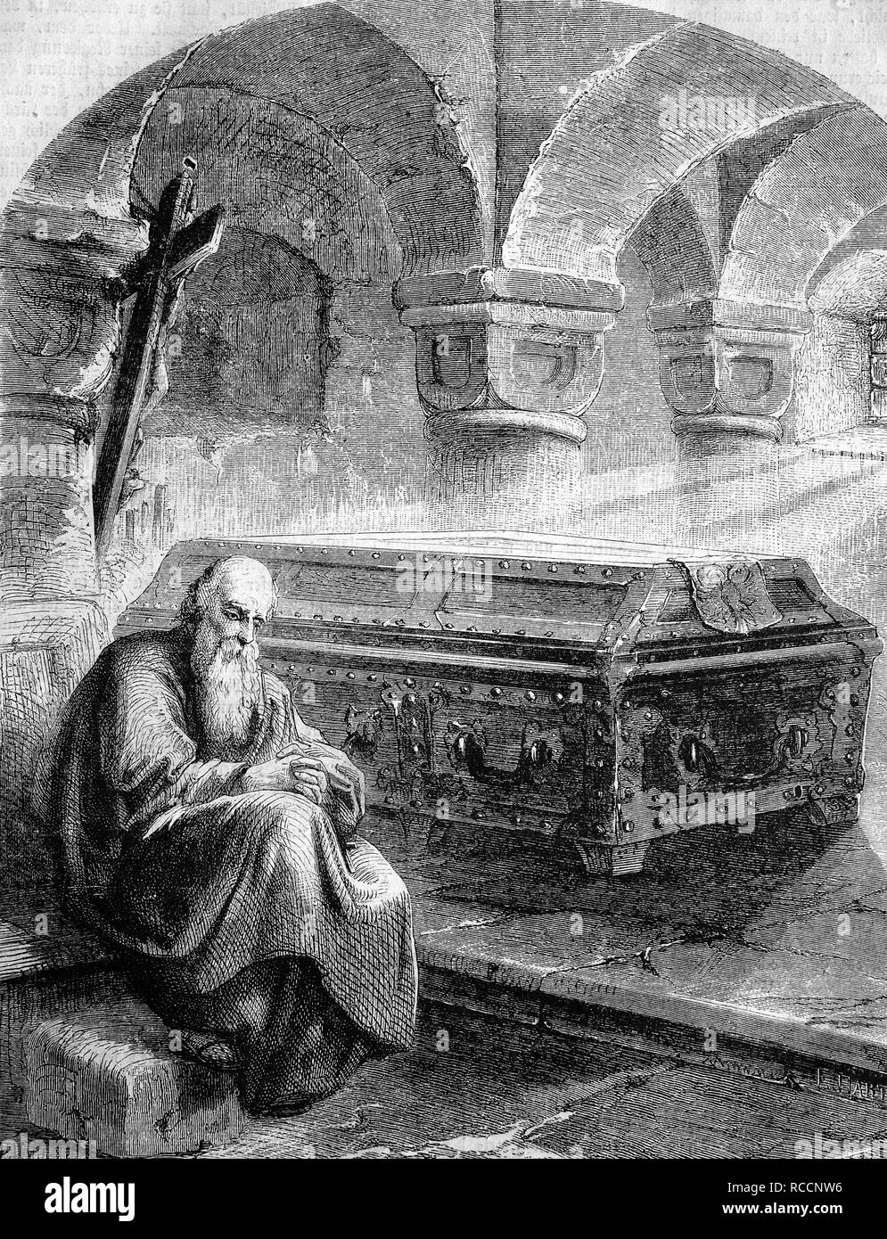 Monk à côté du cercueil de Henry IV sur l'île de la Meuse, historique de la gravure sur bois, vers 1888 Banque D'Images
