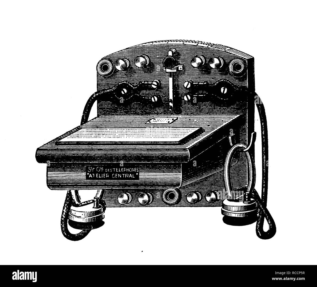 Téléphone historique, système d'Ader - Van Rysselberghe, made in France, historique de la gravure sur bois, vers 1888 Banque D'Images