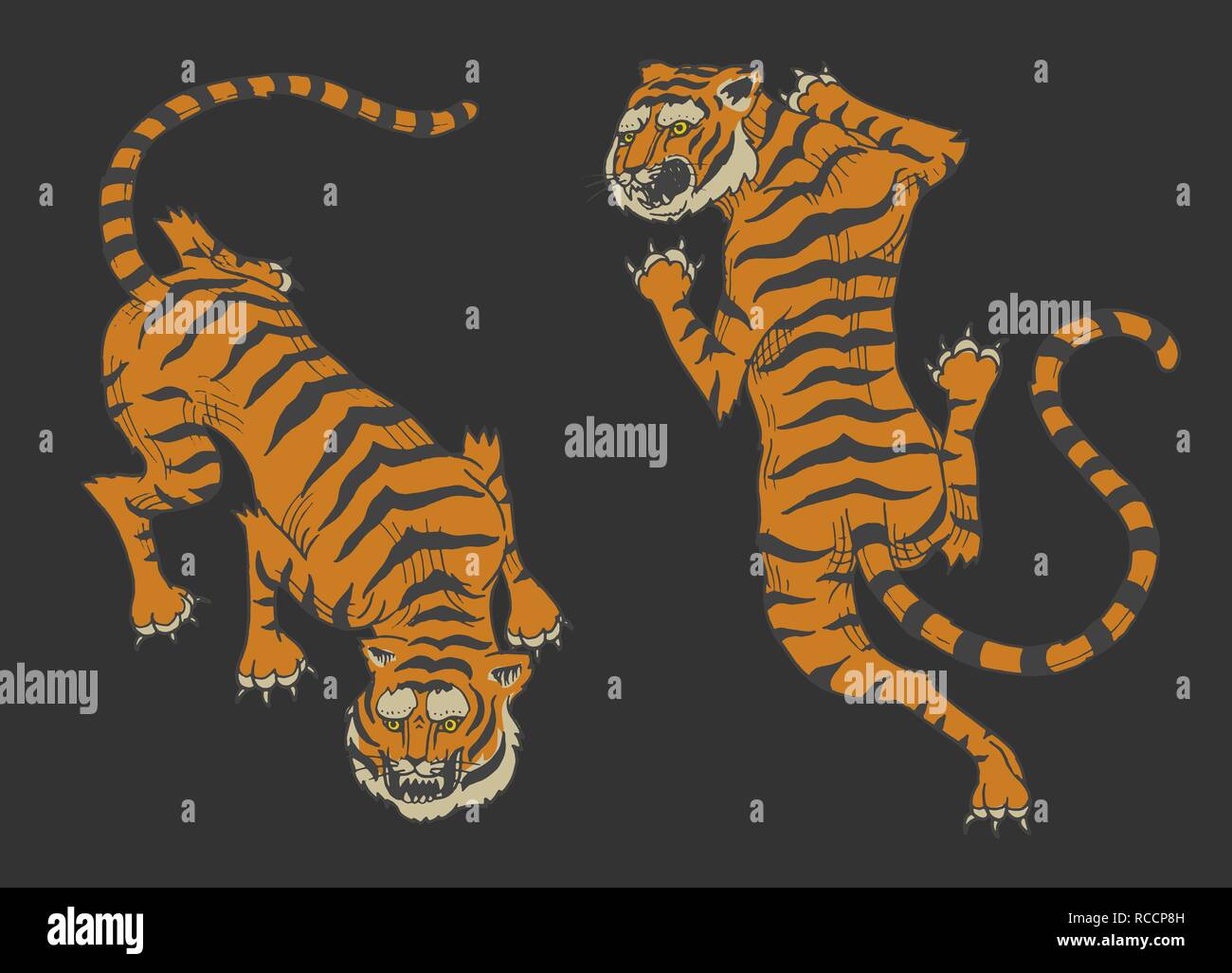 Tigres asiatiques en japonais vintage style pour logo. Les animaux sauvages les chats. Les prédateurs de la jungle. Gravé à la main tatouage Monochrome vieux croquis pour un t-shirt ou un site web. Illustration de Vecteur
