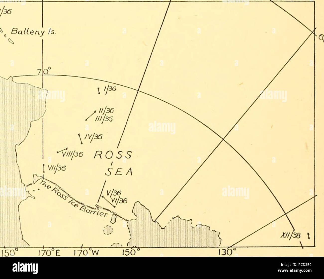 . Rapports de découverte. La découverte (navire) ; les expéditions scientifiques ; océan ; l'Antarctique, îles Falkland. &Lt ;/^ ^/v/38///36 y/^ 38 h BalLeny. 110 130 Fig. 1(6). Fig. I. Les sondages océaniques. Positions entre sondages continus qui ont été obtenus avec l'Acadie' 'enregistreur. (A) près des îles Malouines, à travers le Burdwood Bank et au large de l'entrée ouest du détroit de Magellan à la. (V) dans la mer de Ross, s'approcher et s'éloigner de la Terre Adélie, et au nord-ouest des îles Balleny.. Veuillez noter que ces images sont extraites de la page numérisée des images qui peuvent avoir été numériquement de commu Banque D'Images