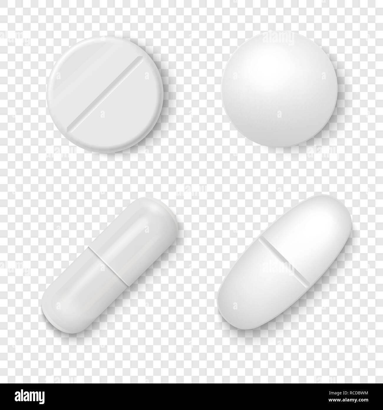 3d Vector blanc réaliste comprimé médical Icon Set libre isolé sur fond transparent. Modèle de conception de pilules, de gélules pour les graphiques, immersive. Soins médicaux et Concept. Vue d'en haut Illustration de Vecteur