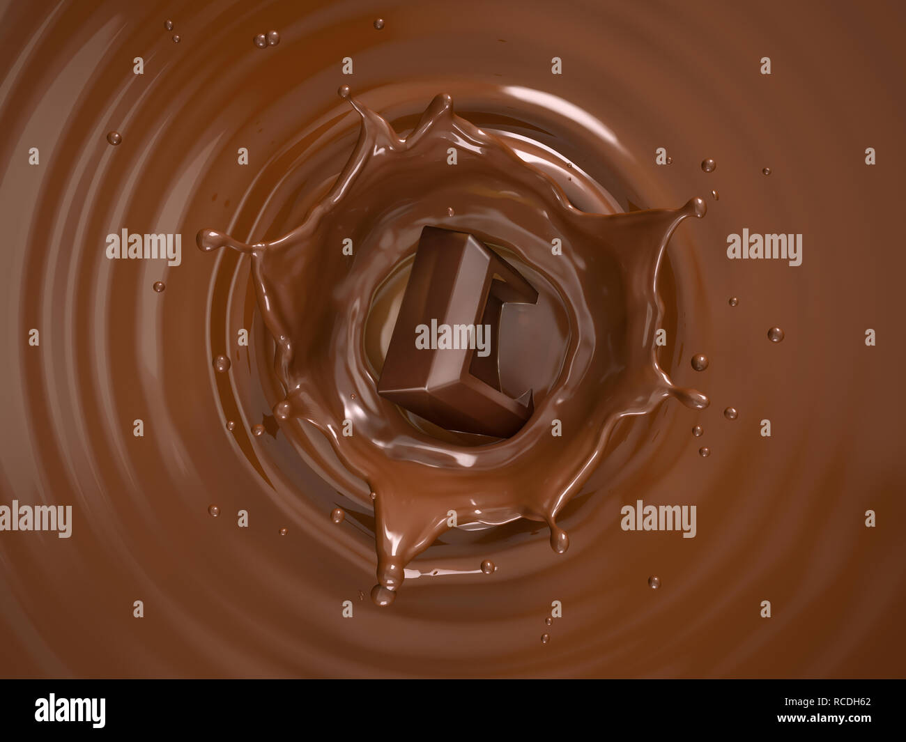 Les projections dans un cube de chocolat liquide chocolat avec piscine et pataugeoire d'ondes circulaires. Vue du dessus. Banque D'Images