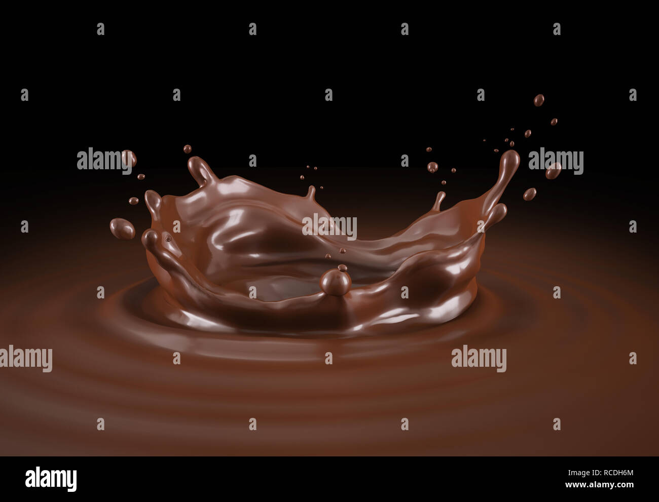 Couronne au chocolat liquide splash avec ondulations. Vue de l'œil de l'oiseau. Sur fond noir. Chemin de détourage inclus. Banque D'Images