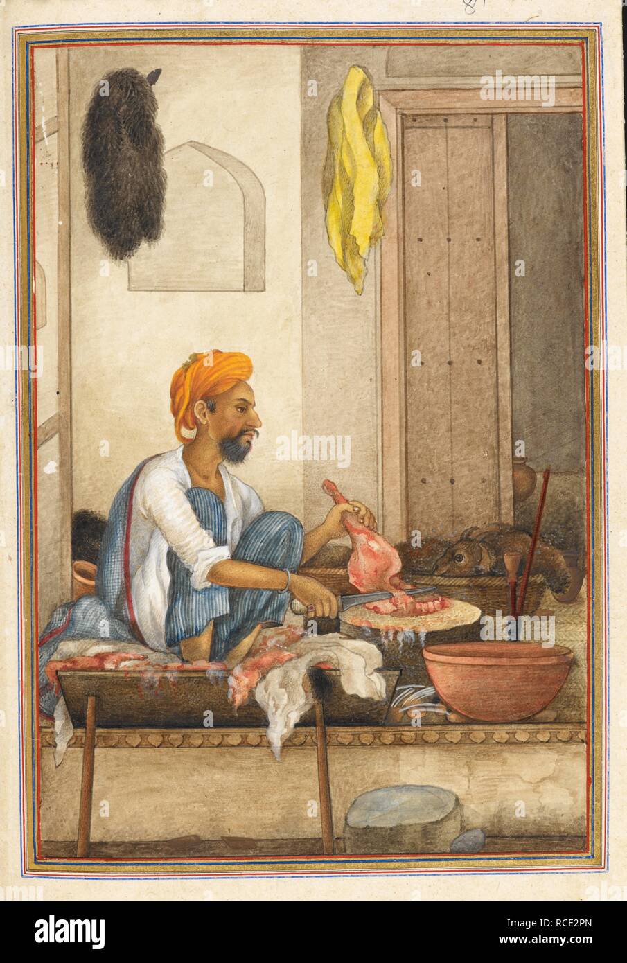 Badhak ou Qassab, la caste de boucher. Tashrih al-aqvam, un compte d'origines et de professions de certaines sectes, castes et tribus de l'Inde. Rédigé au cantonnement, Hansi District Hissar, quatre-vingt-cinq milles au nord-ouest de Delhi pour le Colonel James Skinner. 1825. Source : ajouter. 27255, f.320v. Langue : Persan. Auteur : ANON. Banque D'Images