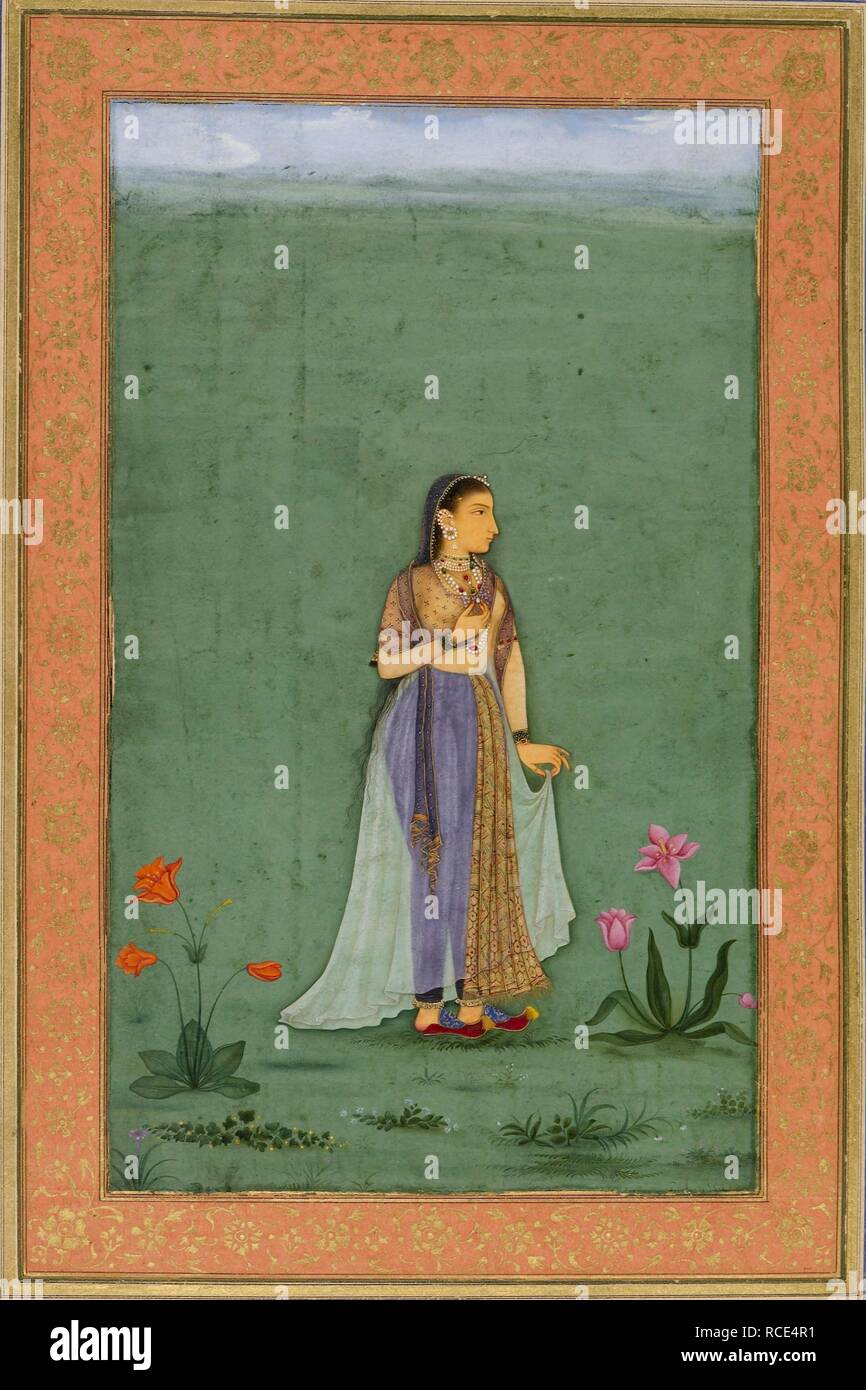 Une dame se distingue avec des fleurs autour de ses pieds, tenant une perle dans une seule main ; fond vert avec ciel en haut. . Dara Shikoh. 1630-1640. Aquarelle opaque. . Source : Add.ou.3129, f.20. Banque D'Images