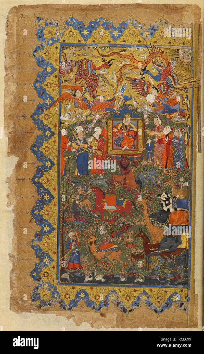 La reine de Sheba intronisé, entouré d'agents de bord, les anges, les animaux et les oiseaux. Sinbadnama, l'histoire de Sinbad, dans une version persane anonyme, avec 72 miniatures. c.2666. Source : I.O. 3214 islamique, f.2. Langue : Persan. Banque D'Images