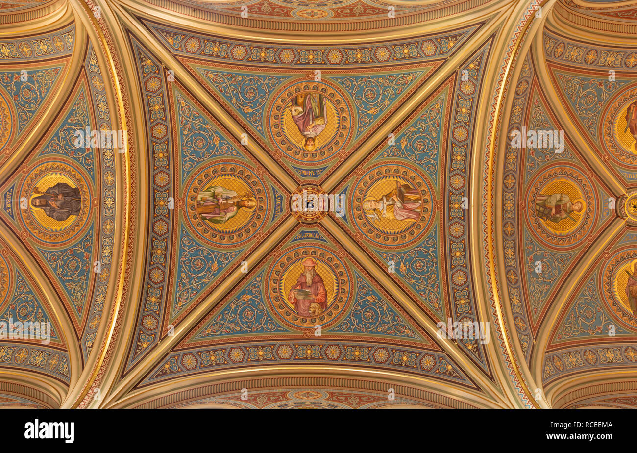 PRAGUE, RÉPUBLIQUE TCHÈQUE - le 17 octobre 2018 : la fresque quatre médecins de l'église catholique de l'ouest (Augustin, Jérôme, Grégoire, Ambrose) Banque D'Images