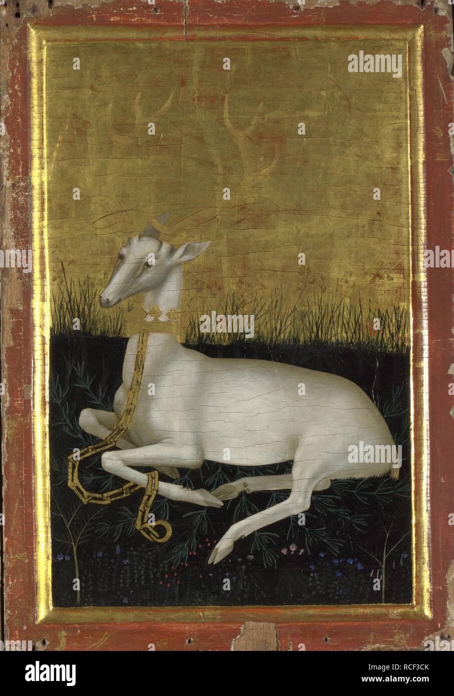 A White Hart série avec une couronne autour de son cou (le panneau extérieur de la Wilton Diptych). Musée : National Gallery, Londres. Auteur : Wilton maître. Banque D'Images