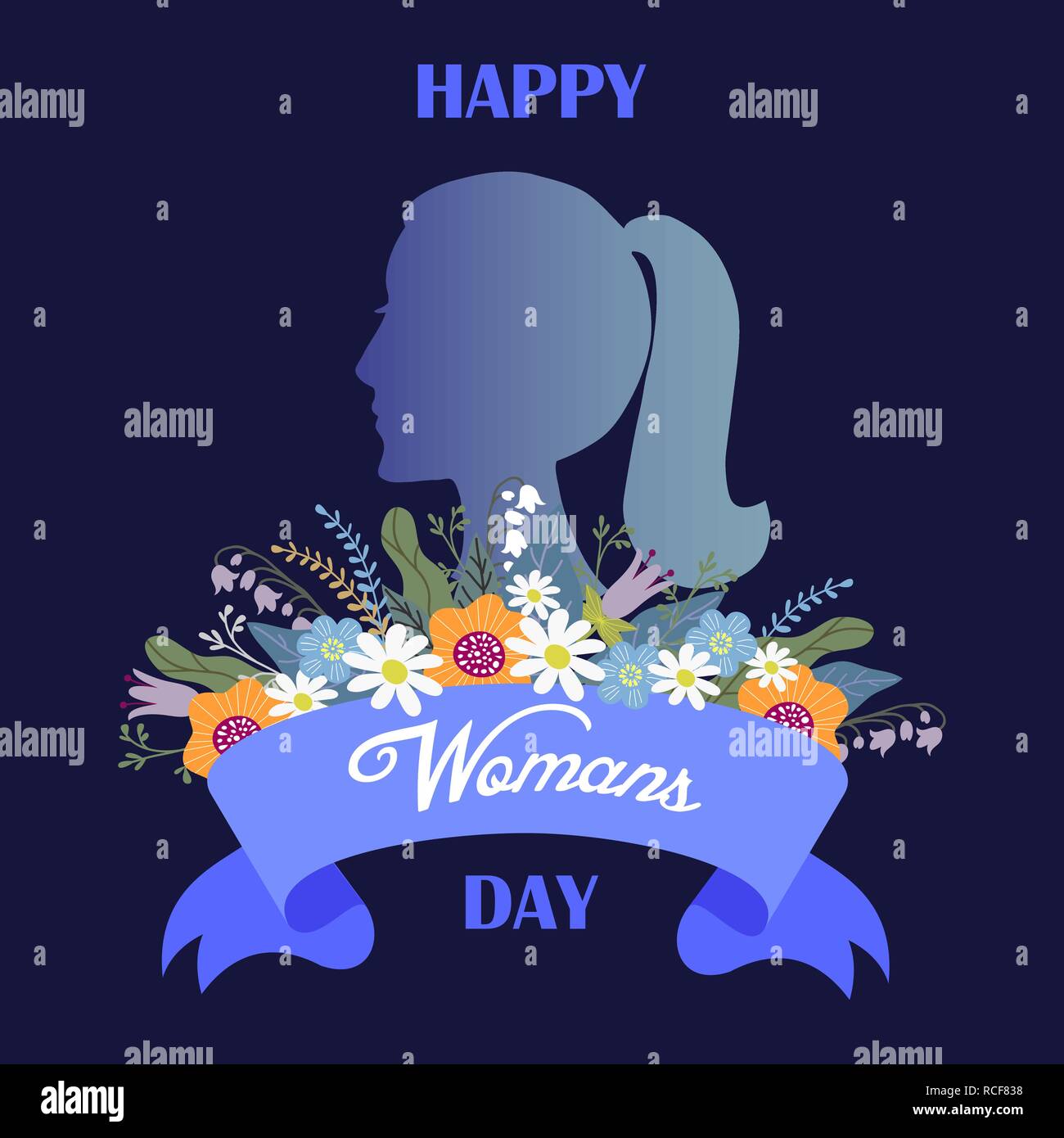 Heureux Jour de womans, Bouquet de fleurs et ruban avec texte et femme chef d'ossature, vector Illustration de Vecteur