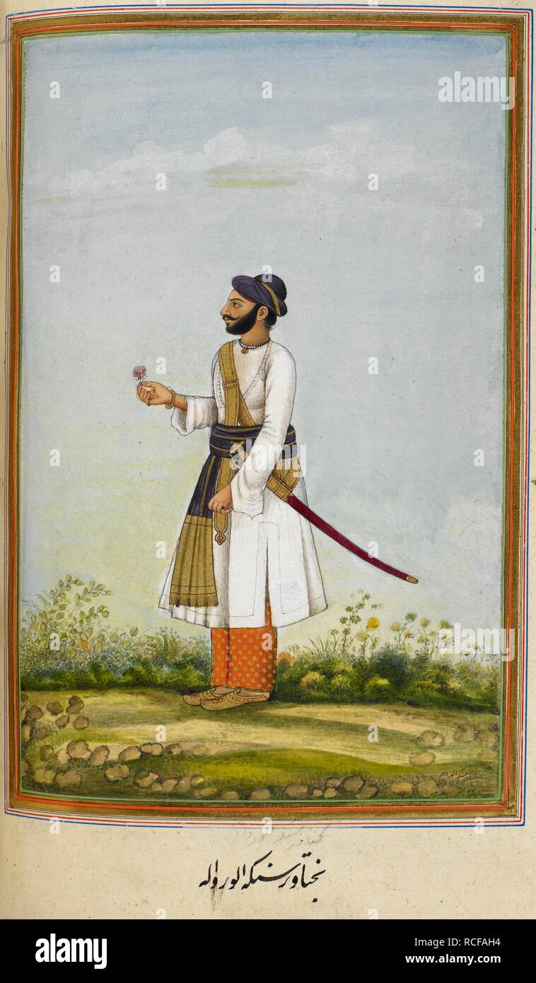 Portrait d'Maharav Bakhtavar Raja Singh de Alwar (r.1790-1815). Tazkirat al-umara, écrit pour le Colonel James Skinner. Les avis de certains historiques familles princières du Rajasthan et le Panjab, principalement de ceux près de Hissar où le Colonel Skinner a été posté. Trente-huit portraits. L'Inde, 1830. Source : ajouter. 27254, f.92v. Langue : Persan. Auteur : ANON. Banque D'Images