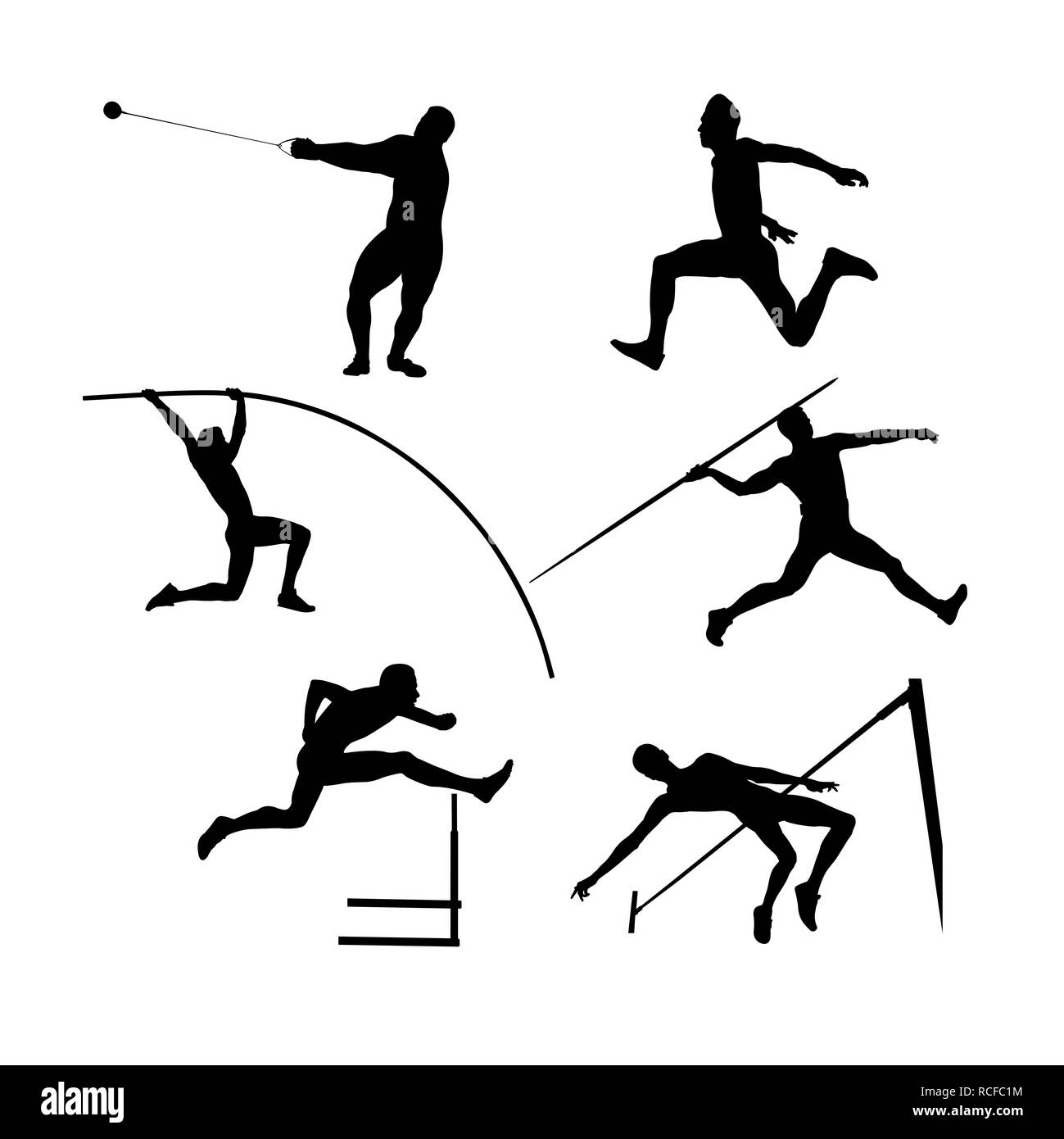 Définissez les athlètes athlétisme hommes silhouette noire Banque D'Images