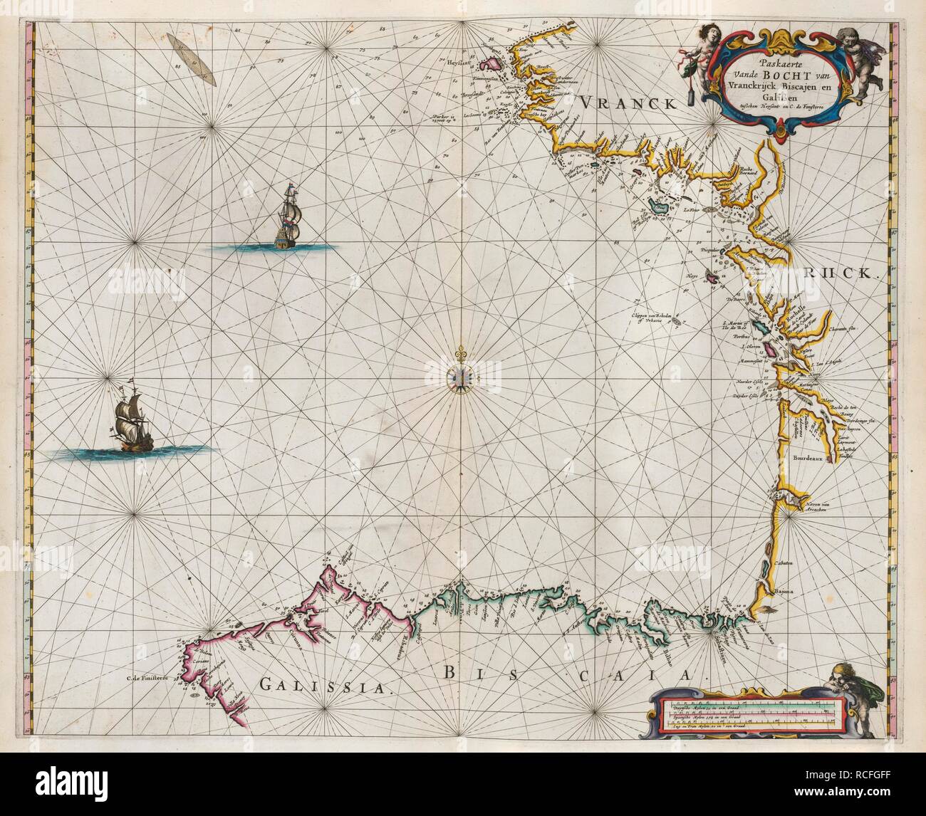 Côte de France. De Zee-Atlas ofte, Water-Wereld, waer dans vertoont. Amsterdam, 1666. Une carte de la côte de la France. Image réalisée à partir de Zee-Atlas ofte, Water-Wereld, waer dans vertoont werden alle de Zee-Kusten van het bekende des Aerd-Bodems. Publié à l'origine/produit à Amsterdam, 1666. . Source : Maps.C.8.d.3, 16. Langue : Néerlandais. Banque D'Images