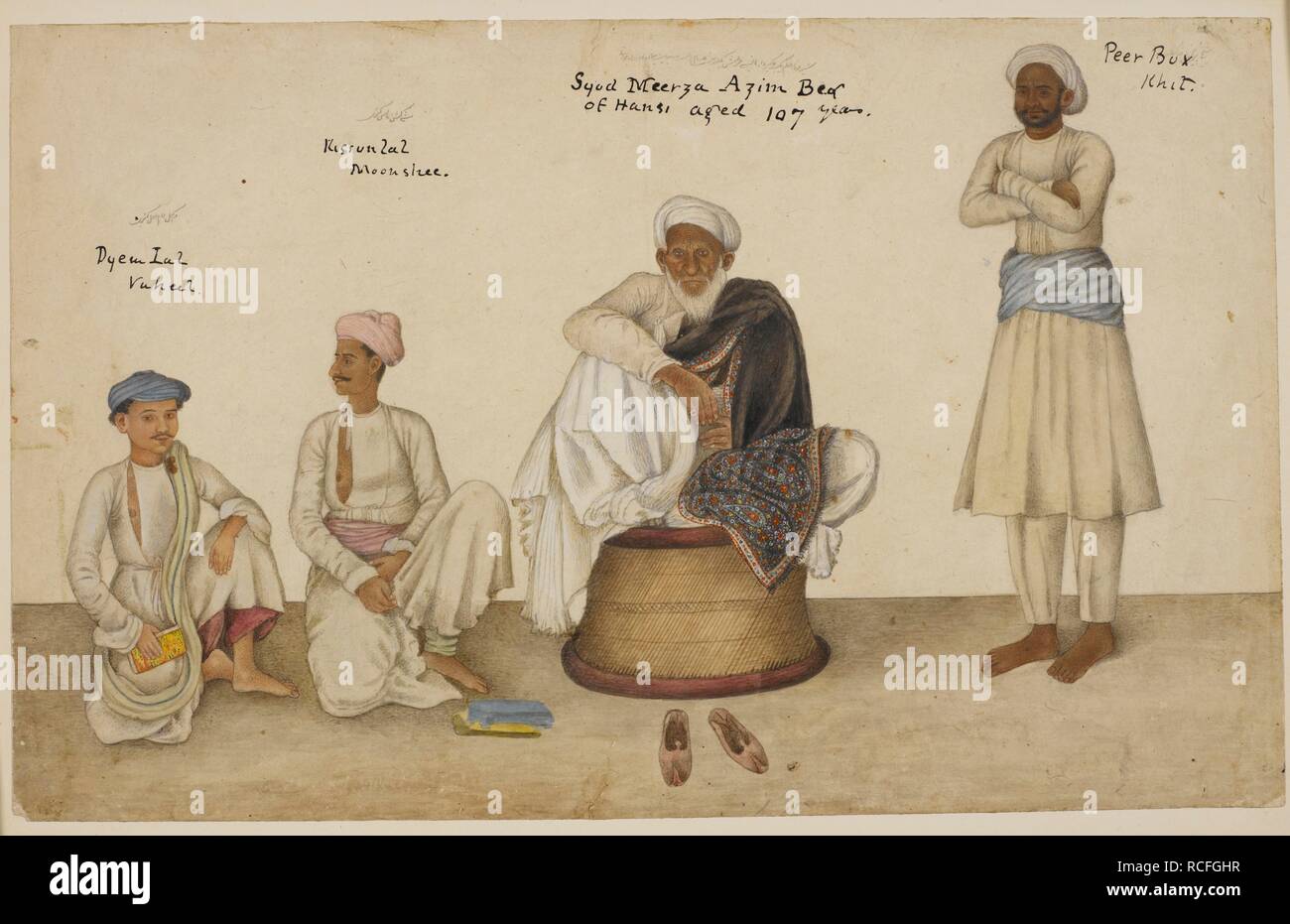 Portrait de Saiyid Mirza Azim Beg de Hansi assis sur un tabouret en rotin avec Dai, Vakil Lal Lal Kisan Munshi et Irp Bakhsh. Khitmatgar Inscrit en caractères persans. Skinner Album. Delhi, 1820-1830. L'aquarelle. Source : Add.ou.1265. Langue : Persan. Auteur : Khan, Ghulam 'Ali. Banque D'Images