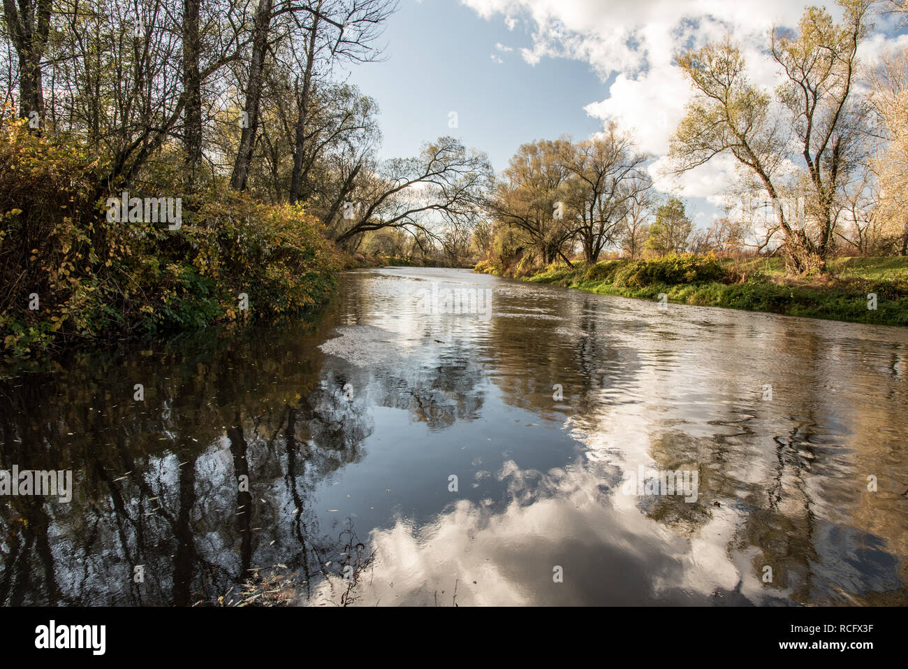 Rivière Olse et Stonavka affluent près de la ville de Karvina en République tchèque avec miroir de ciel, arbres colorés et ciel bleu avec des nuages pendant la belle automne Banque D'Images