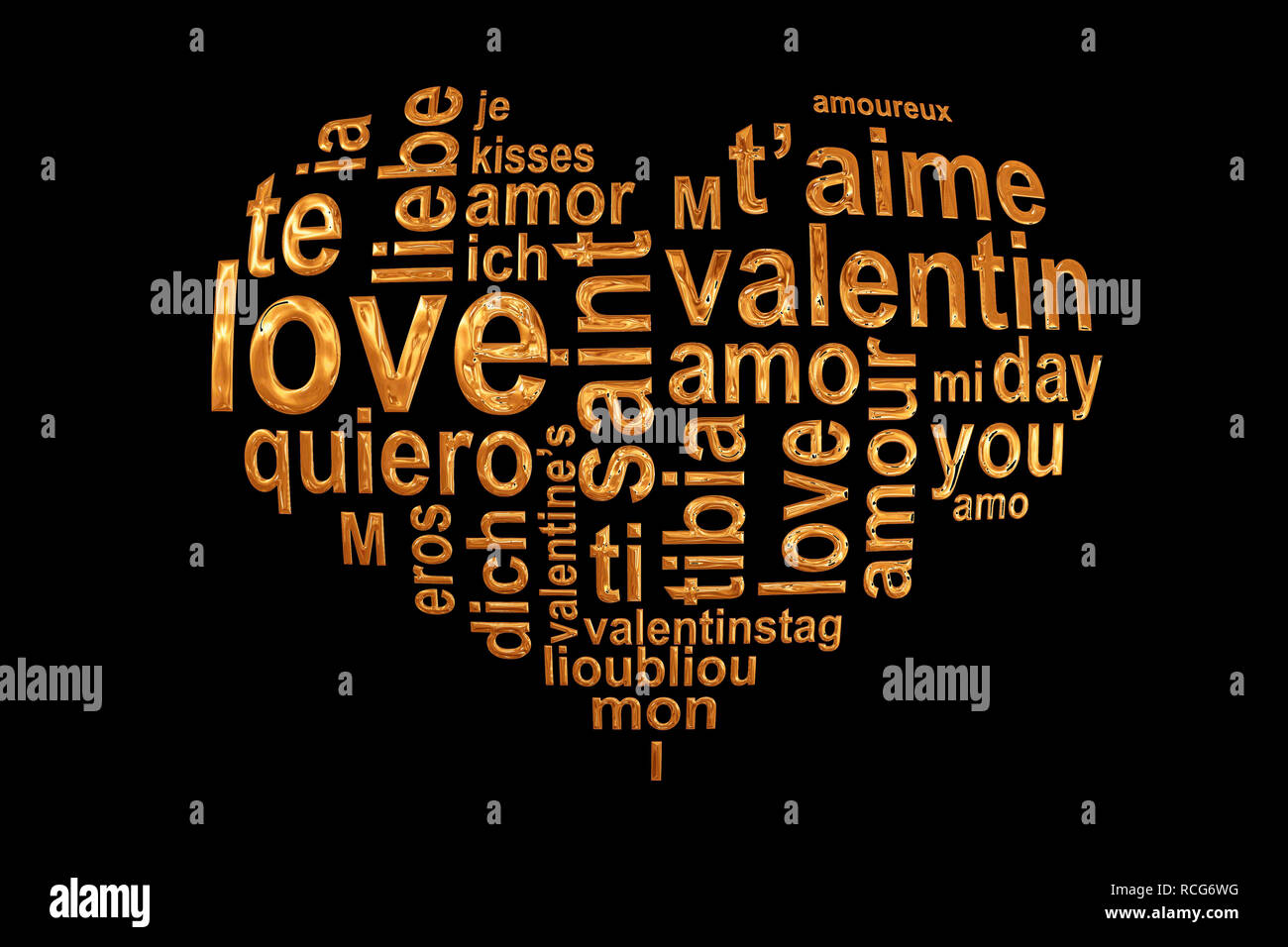 Mots d'amour dans un cœur doré isolé sur fond noir, nuage de mots multilingues Saint-valentin carte de souhaits Banque D'Images