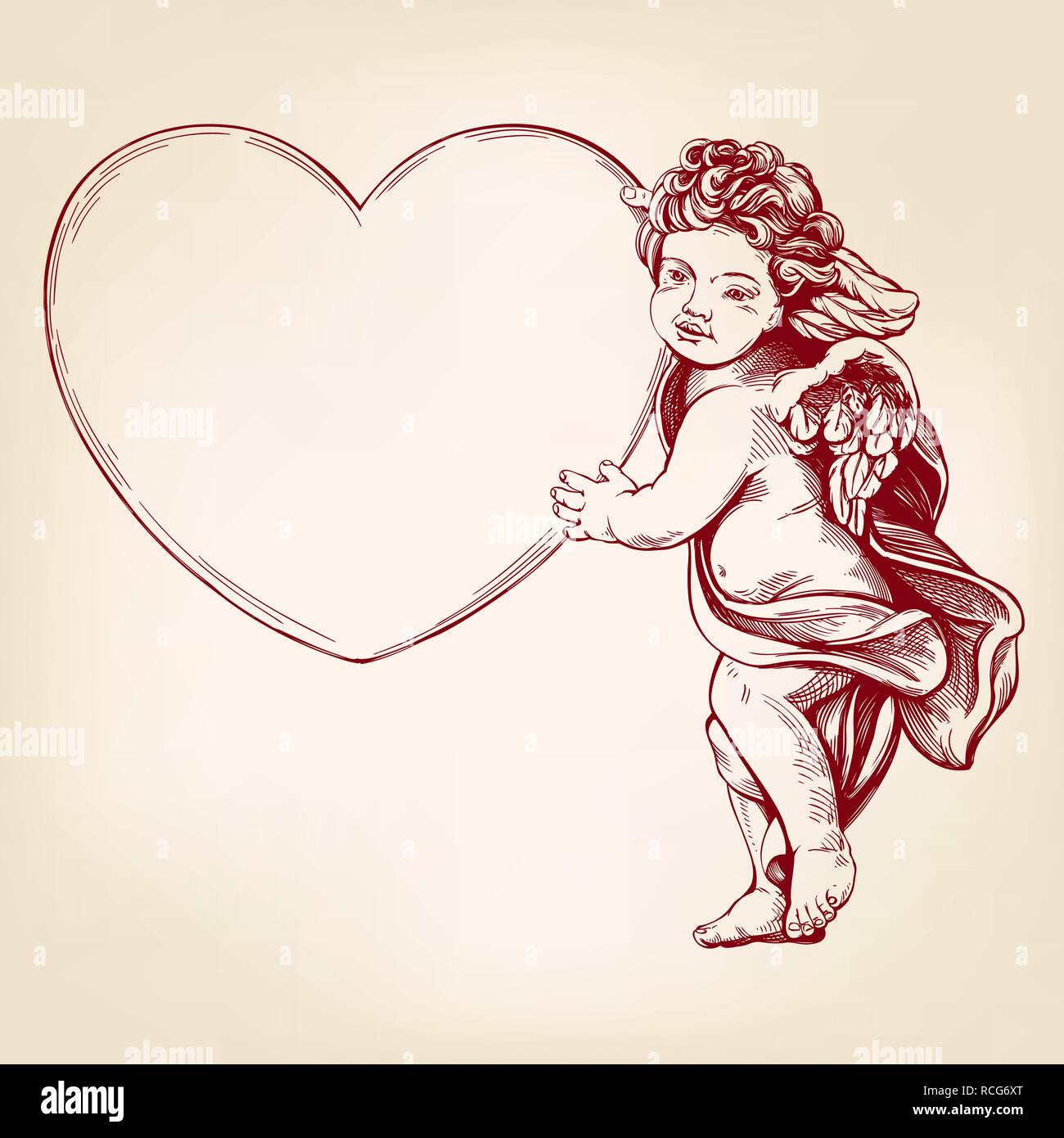 Ange ou cupidon, petit bébé est titulaire d'un coeur, Saint Valentin, amour, carte de souhaits hand drawn vector illustration croquis réalistes Illustration de Vecteur